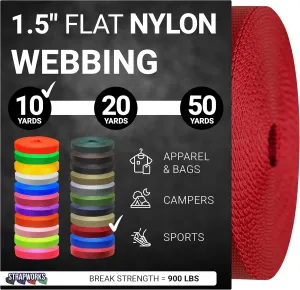 1.5 Inch Heavy Duty Nylon Webbing Strap Roll for Belt, Backpack, Sling, Collar, Leash, Strapping and More, 10, 20, or 50 Yards, Over 20 Colors