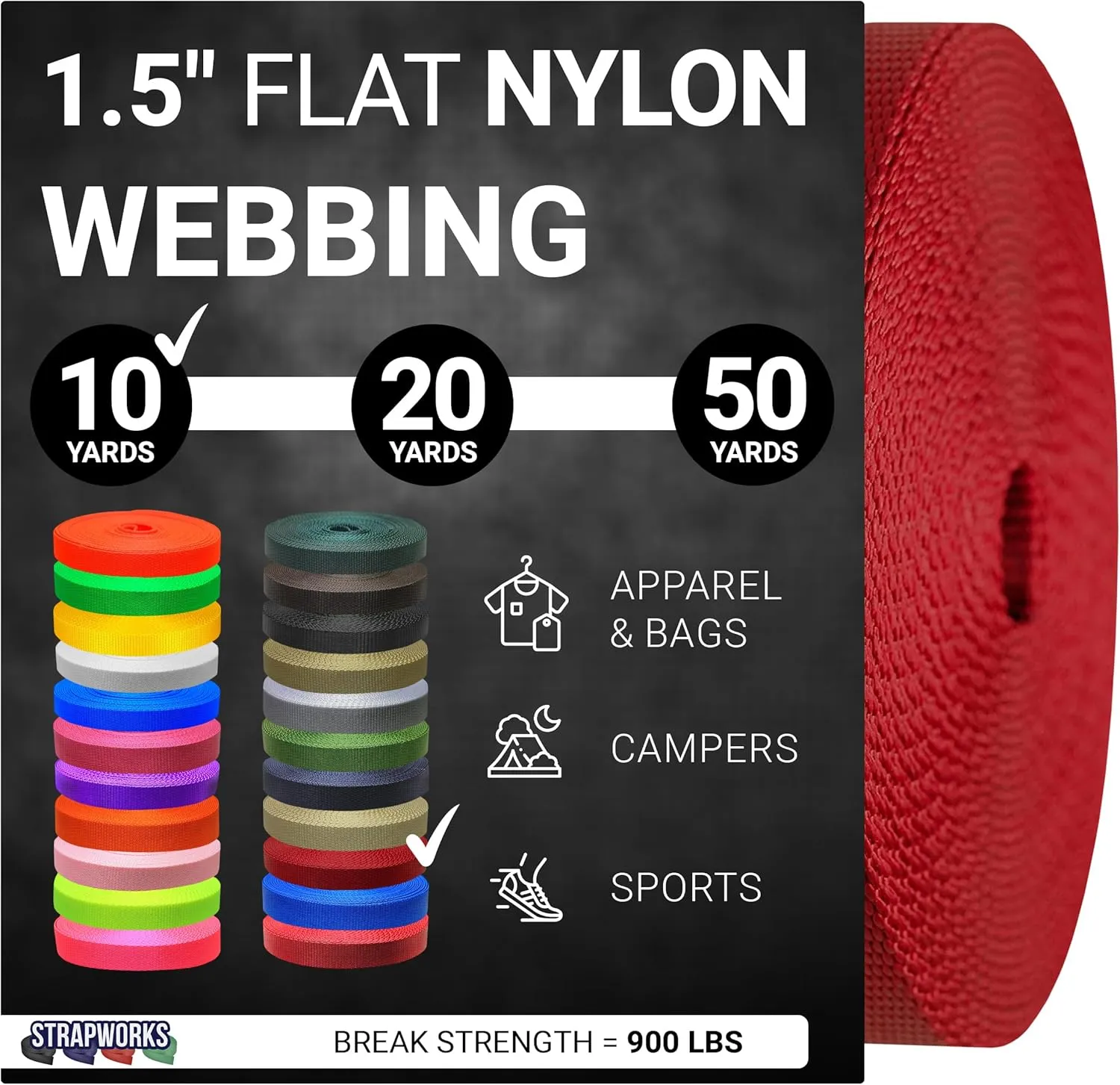 1.5 Inch Heavy Duty Nylon Webbing Strap Roll for Belt, Backpack, Sling, Collar, Leash, Strapping and More, 10, 20, or 50 Yards, Over 20 Colors