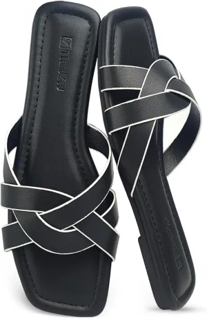2025 Women's Sandals - Roman Braided Square Toe Flat Shoes, Comfortable Summer Beach Casual Sandals US 6-11