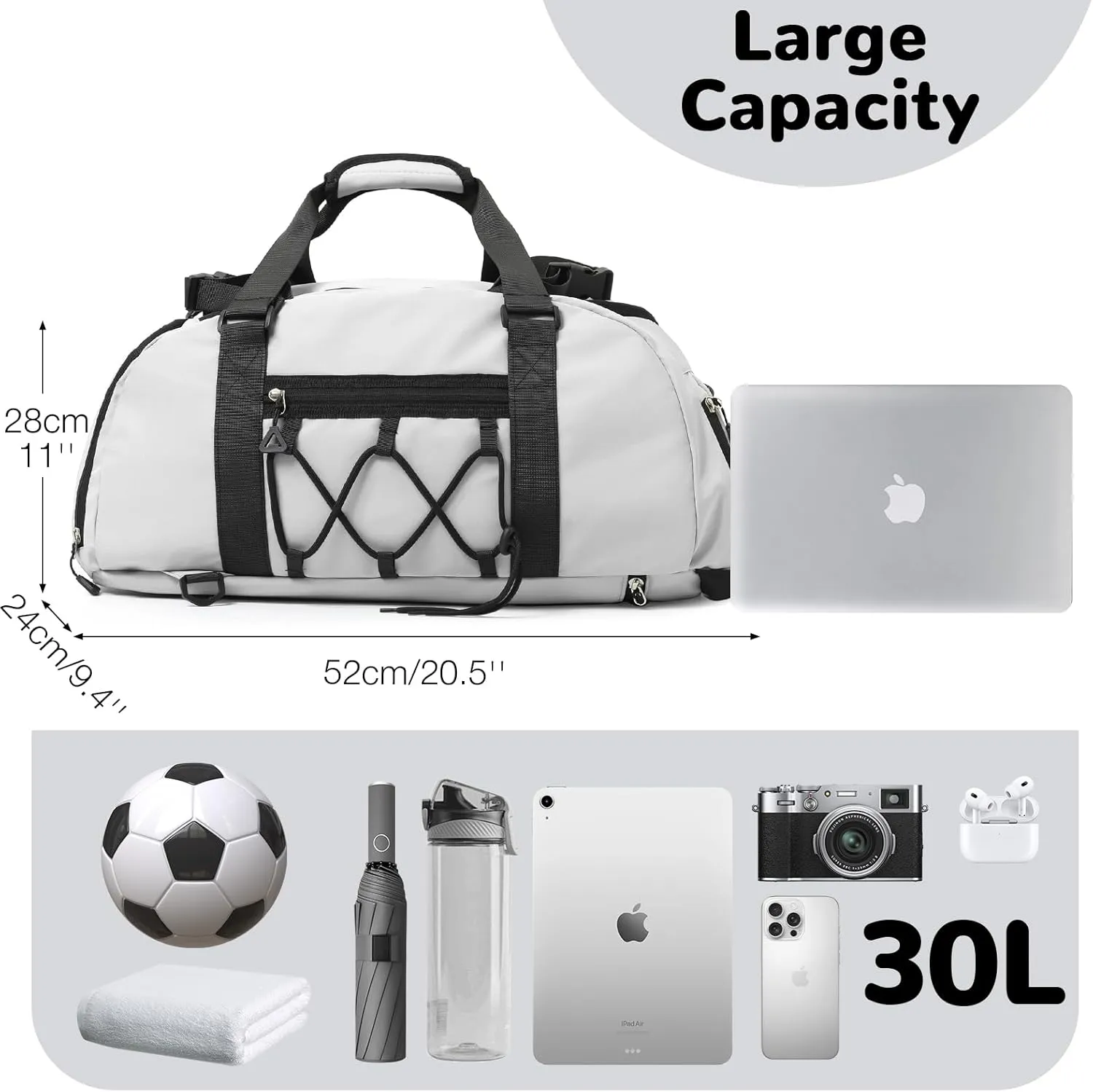 35L White Mens Gym Bag with Shoe Compartment, Sports Duffle Bag for Men, Carry on Duffle Bags for Airplanes, Workout Bags for Gym Women, Weekender Overnight Duffle Backpack