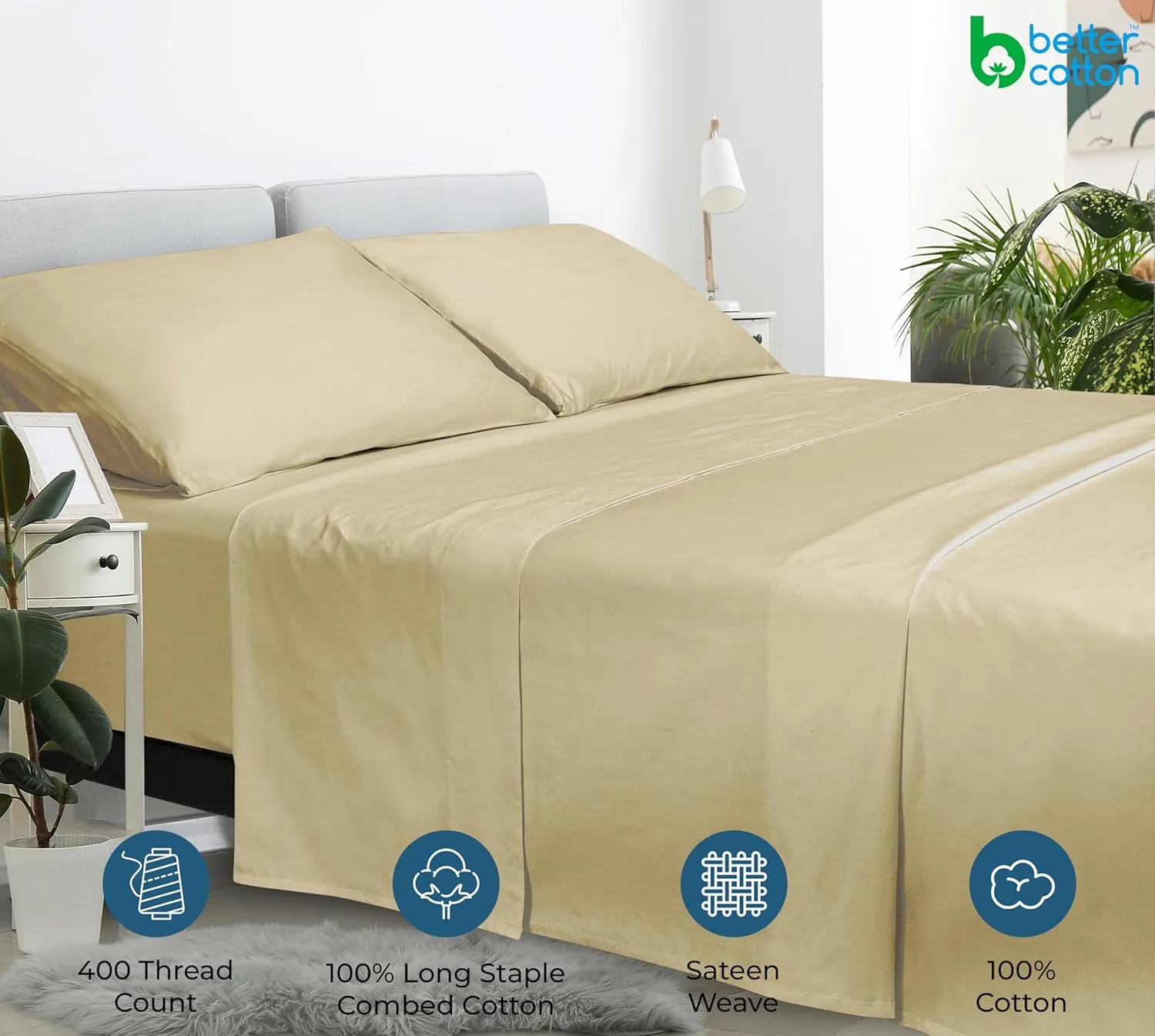 400 Thread Count 100% American Grown Cotton Sand Flat Sheet Only - Cooling Sheets - Luxury Sateen Weave - Full Size Flat Sheet Sold Separately - Super Soft Cotton Top Sheets (Full, Moroccan Sand)