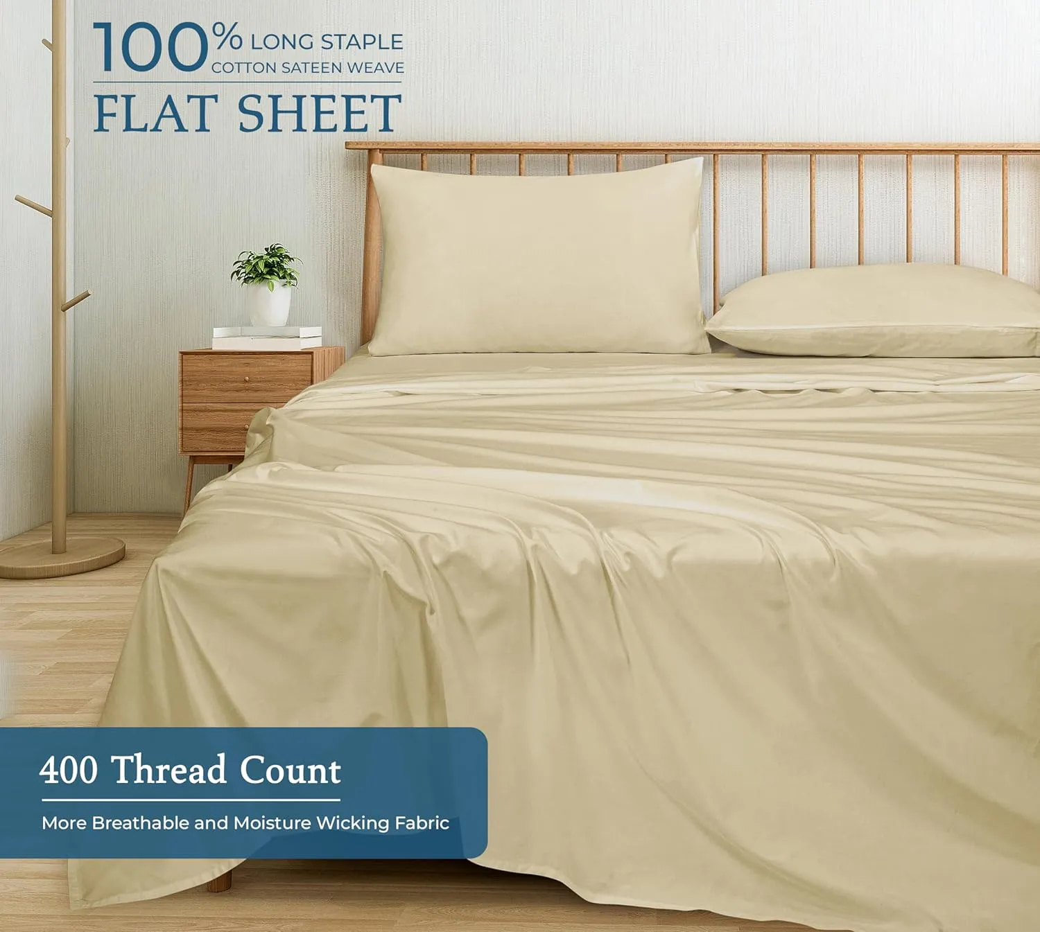 400 Thread Count 100% American Grown Cotton Sand Flat Sheet Only - Cooling Sheets - Luxury Sateen Weave - Full Size Flat Sheet Sold Separately - Super Soft Cotton Top Sheets (Full, Moroccan Sand)