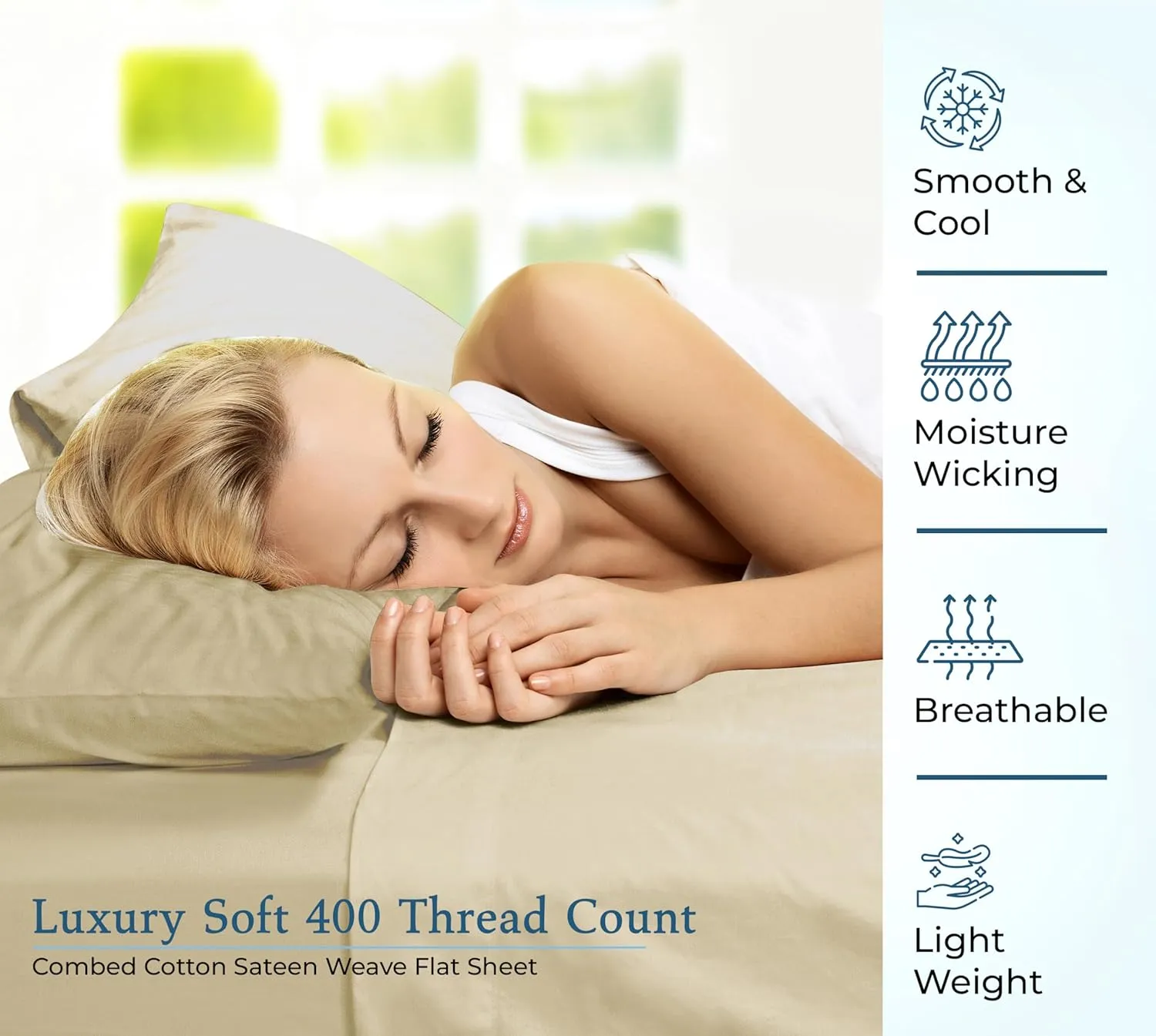 400 Thread Count 100% American Grown Cotton Sand Flat Sheet Only - Cooling Sheets - Luxury Sateen Weave - Full Size Flat Sheet Sold Separately - Super Soft Cotton Top Sheets (Full, Moroccan Sand)