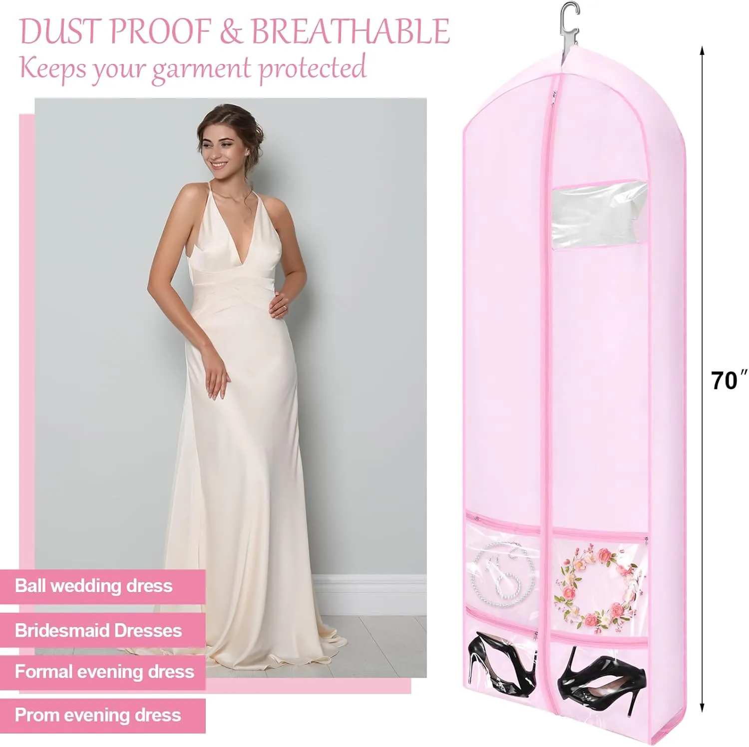70" Oxford Foldable Wedding Dress Garment Bag Bride Tote Bag 4 Pockets Bride Gowns Bag for Prom Evening Dress