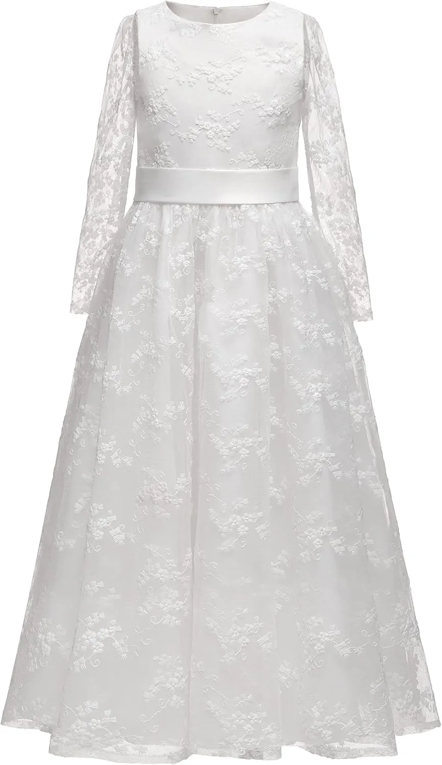 A line Wedding Pageant Lace Flower Girl Dress with Belt 2-12 Year Old