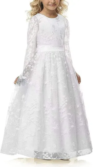 A line Wedding Pageant Lace Flower Girl Dress with Belt 2-12 Year Old