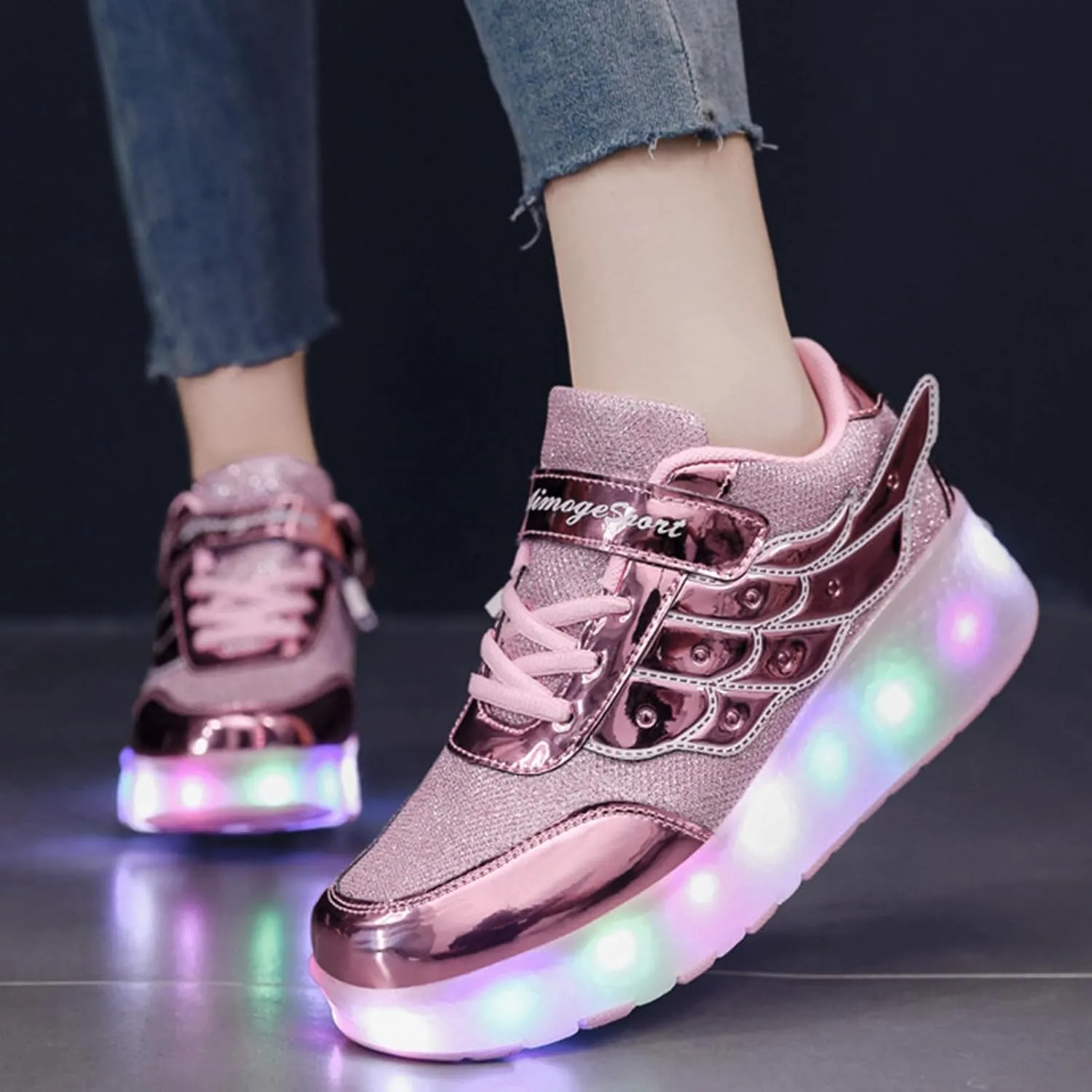 Aikuass USB Chargable LED Light Up Roller Shoes Wheeled Skate Sneaker Shoes for Boys Girls Kids