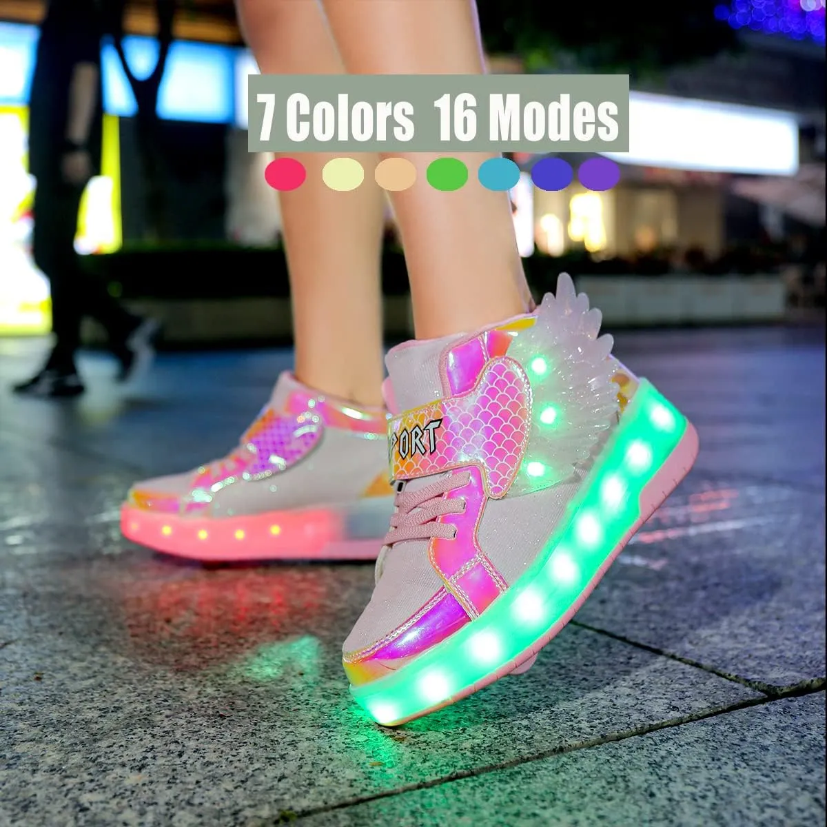 Aikuass USB Chargable LED Light Up Roller Shoes Wheeled Skate Sneaker Shoes for Boys Girls Kids