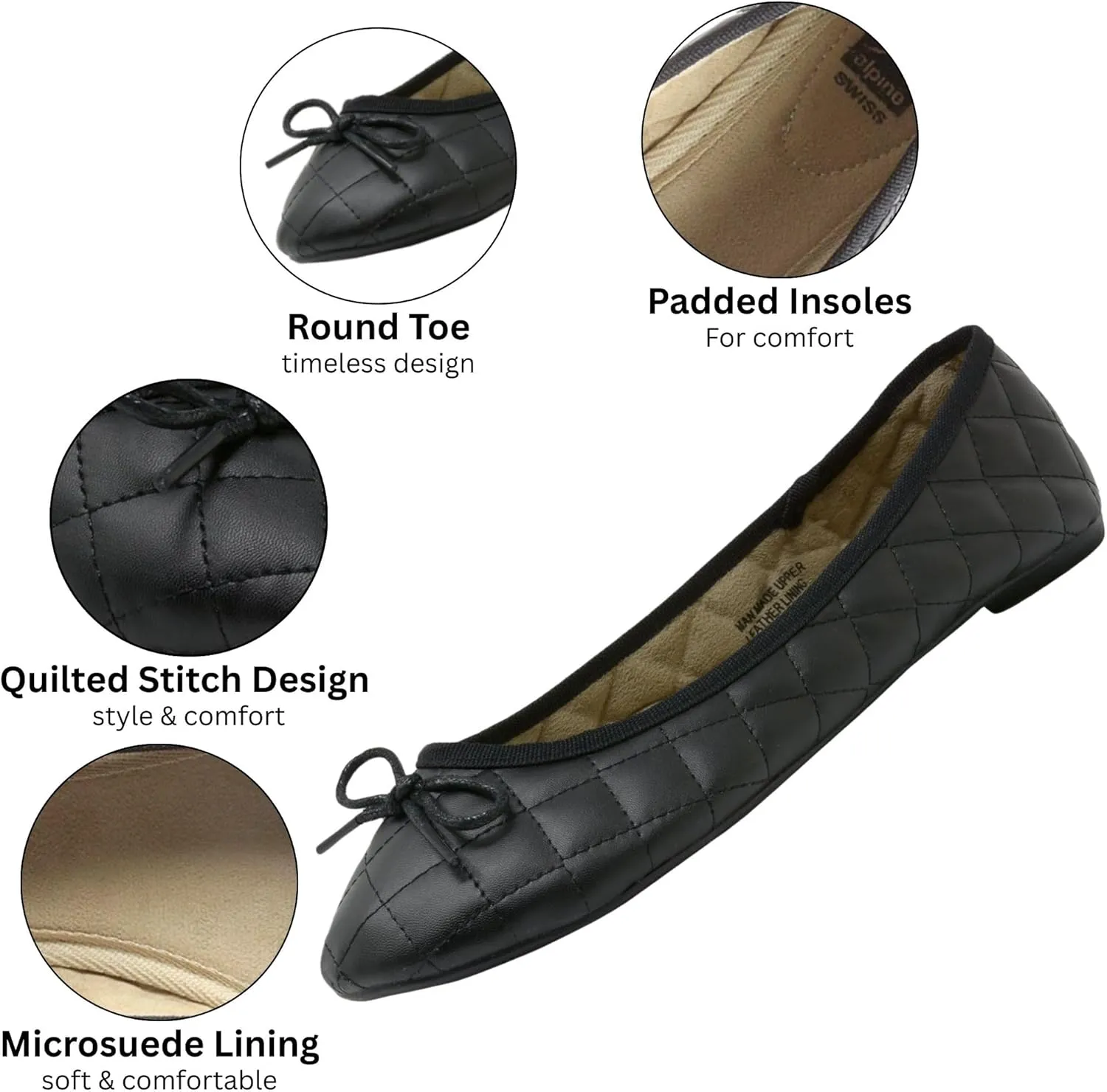 Alpine Swiss Women’s Aster Ballet Flats | Patent Leather Slip-On Shoes | Quilted Pillow Stitch | Rounded Toe | Everyday Comfortable Fashion Footwear