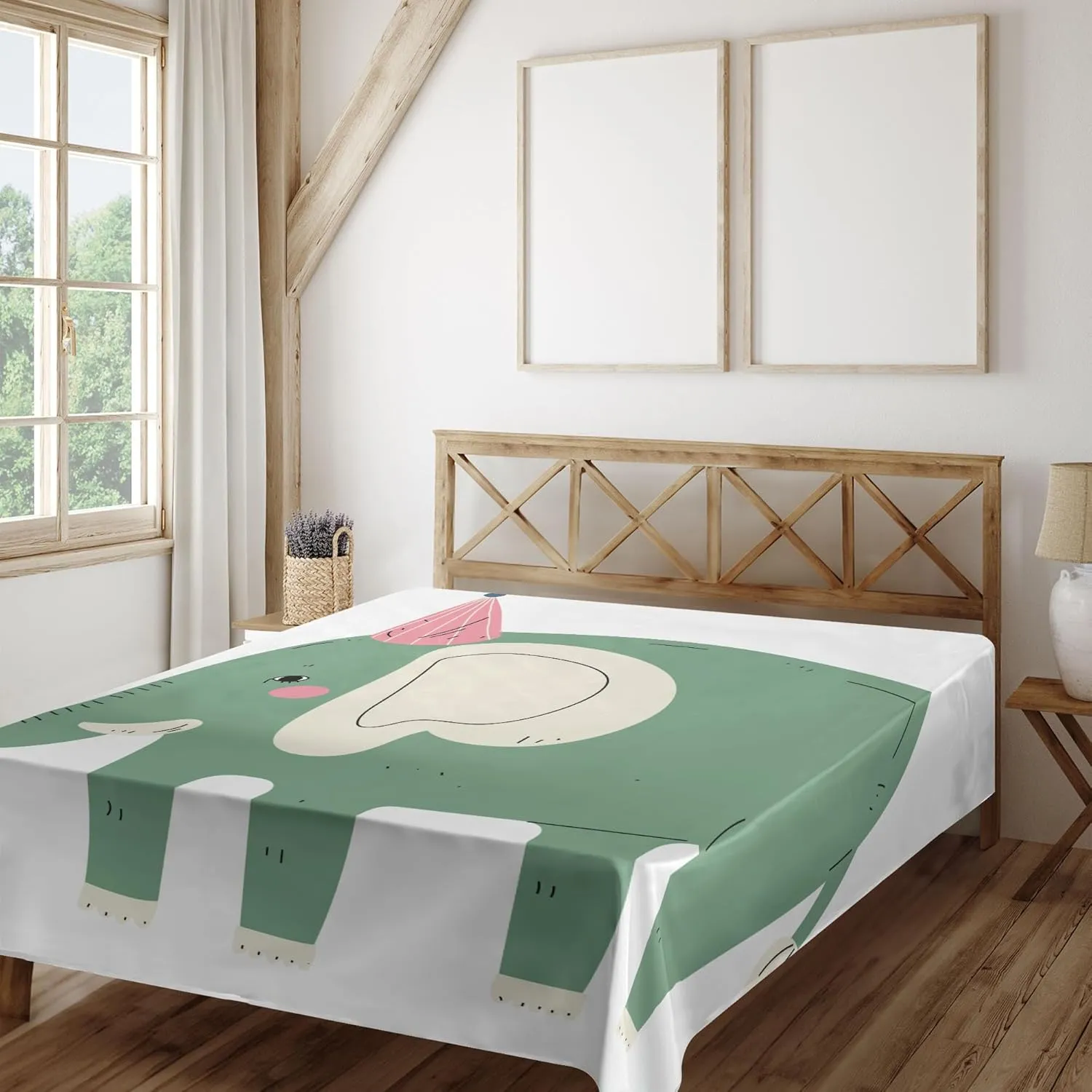 Ambesonne Teal Elephant Flat Sheet, Birthday Animal with Hat and Gift Box, Soft Comfortable Top Sheet Decorative Bedding 1 Piece, California King, White Laurel Green Pink
