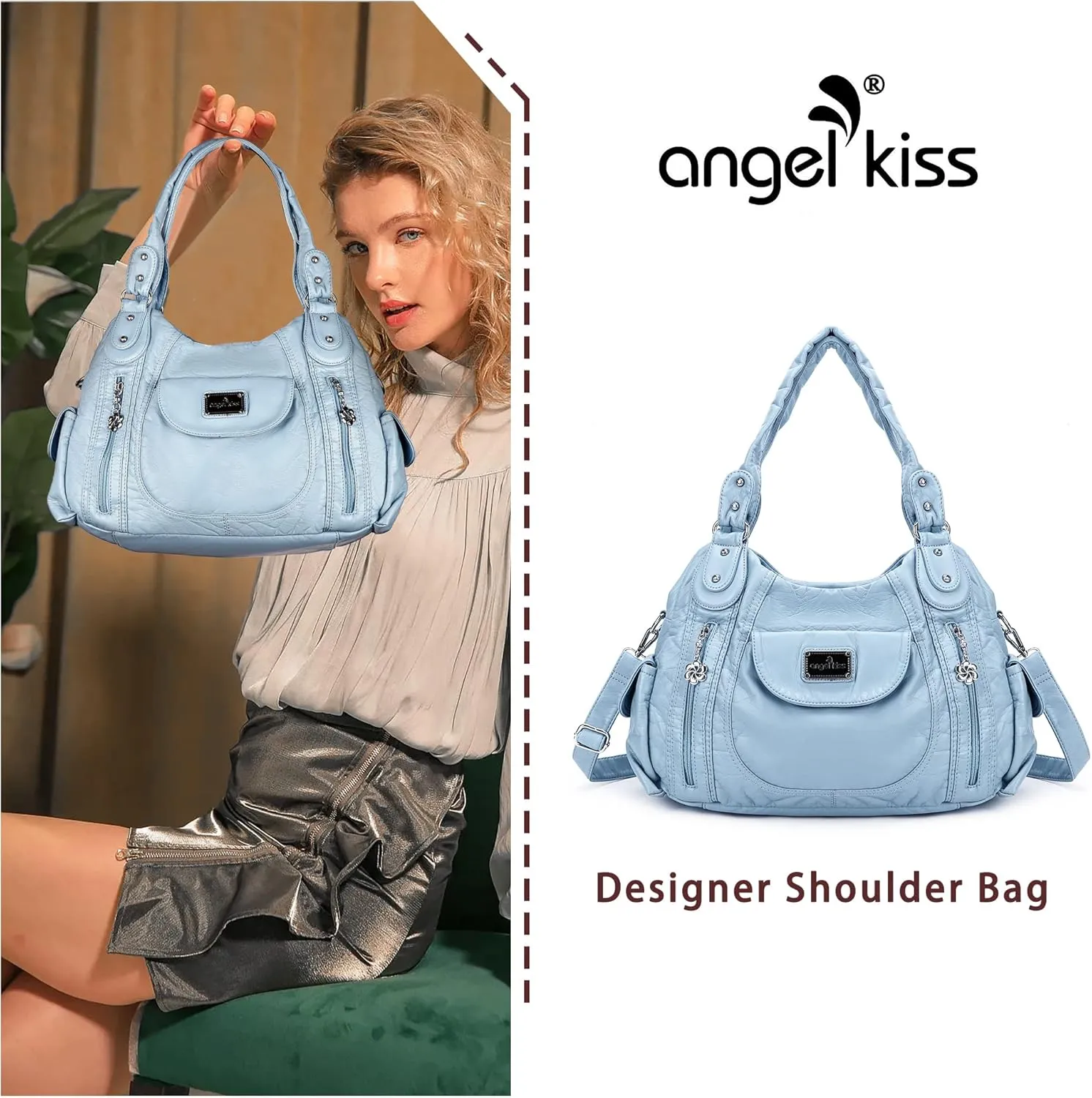Angel Kiss Purses for Women, Large Shoulder Bag Hobo Tote Purse Mutipocket Faux Leather Satchel Hobo Purse