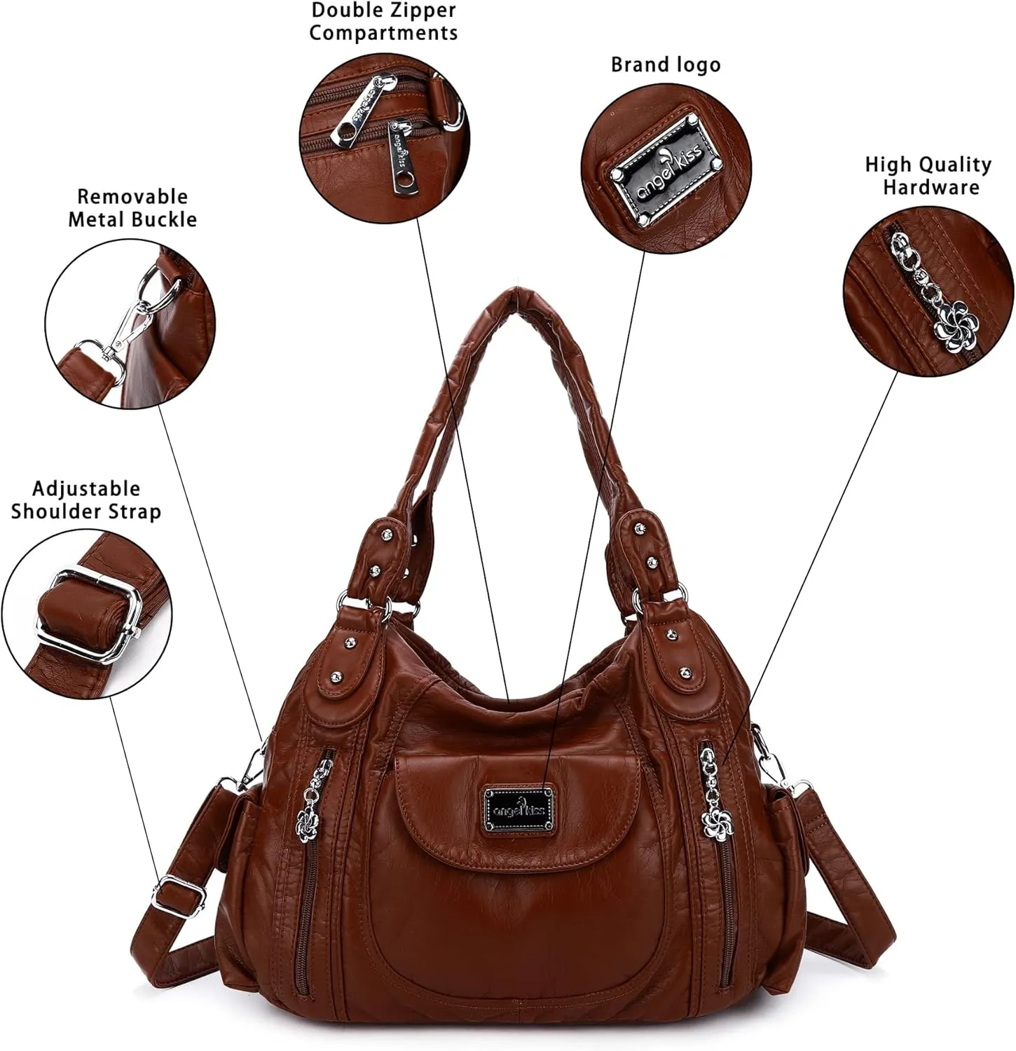 Angel Kiss Purses for Women, Large Shoulder Bag Hobo Tote Purse Mutipocket Faux Leather Satchel Hobo Purse