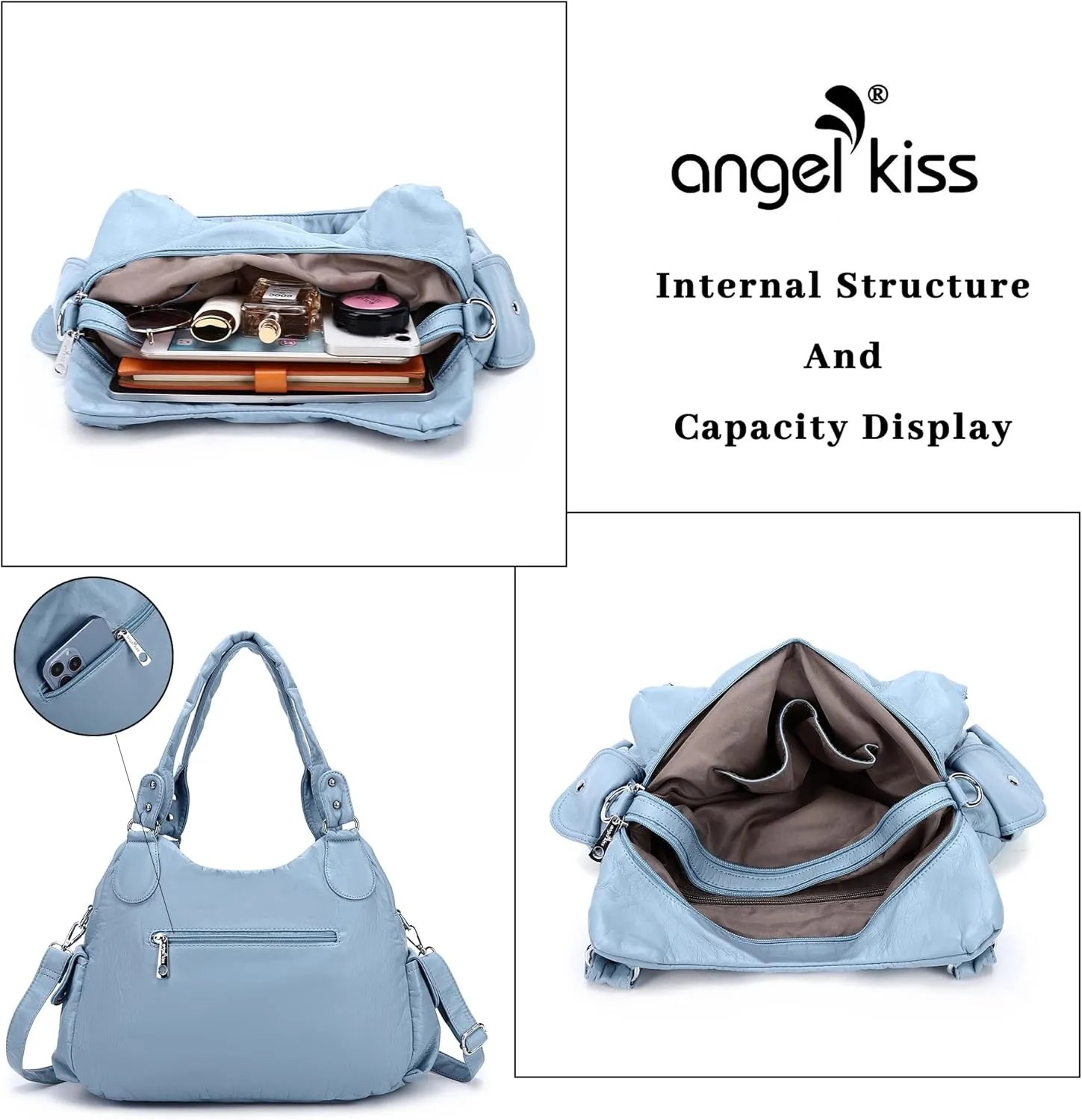 Angel Kiss Purses for Women, Large Shoulder Bag Hobo Tote Purse Mutipocket Faux Leather Satchel Hobo Purse