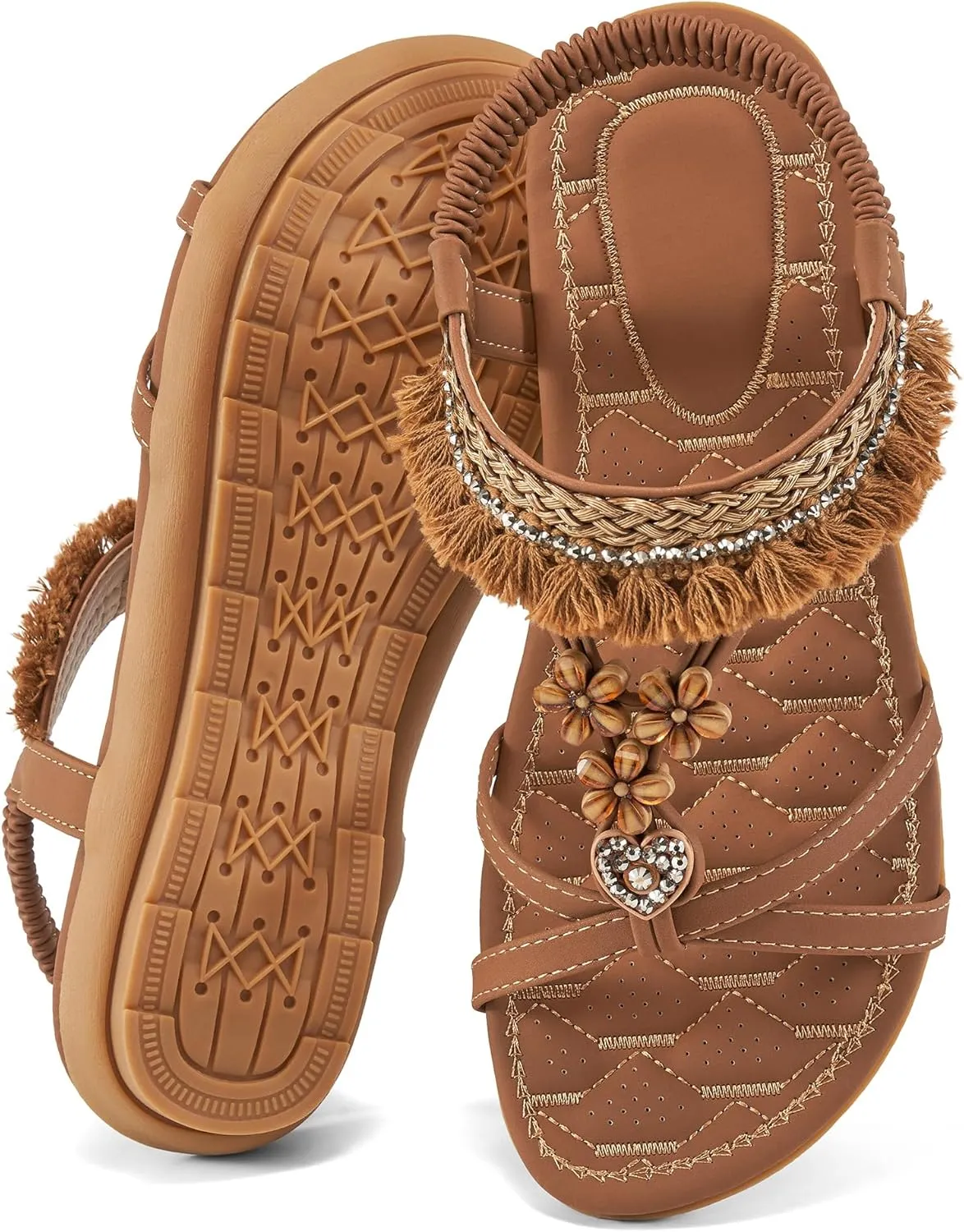 Aomigoct Womens Sandals Flats Shoes: Dressy Summer Flat Sandals for Women Open Toe - Bohemian Casual Beach Shoes Elastic Ankle Strap