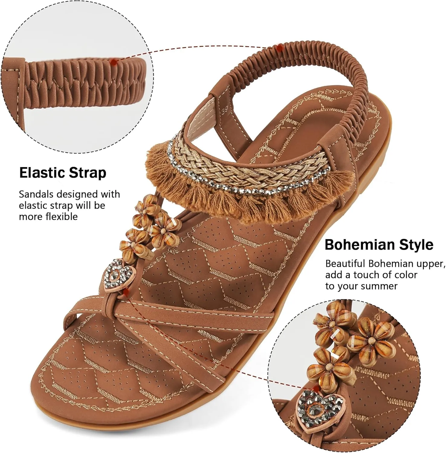 Aomigoct Womens Sandals Flats Shoes: Dressy Summer Flat Sandals for Women Open Toe - Bohemian Casual Beach Shoes Elastic Ankle Strap