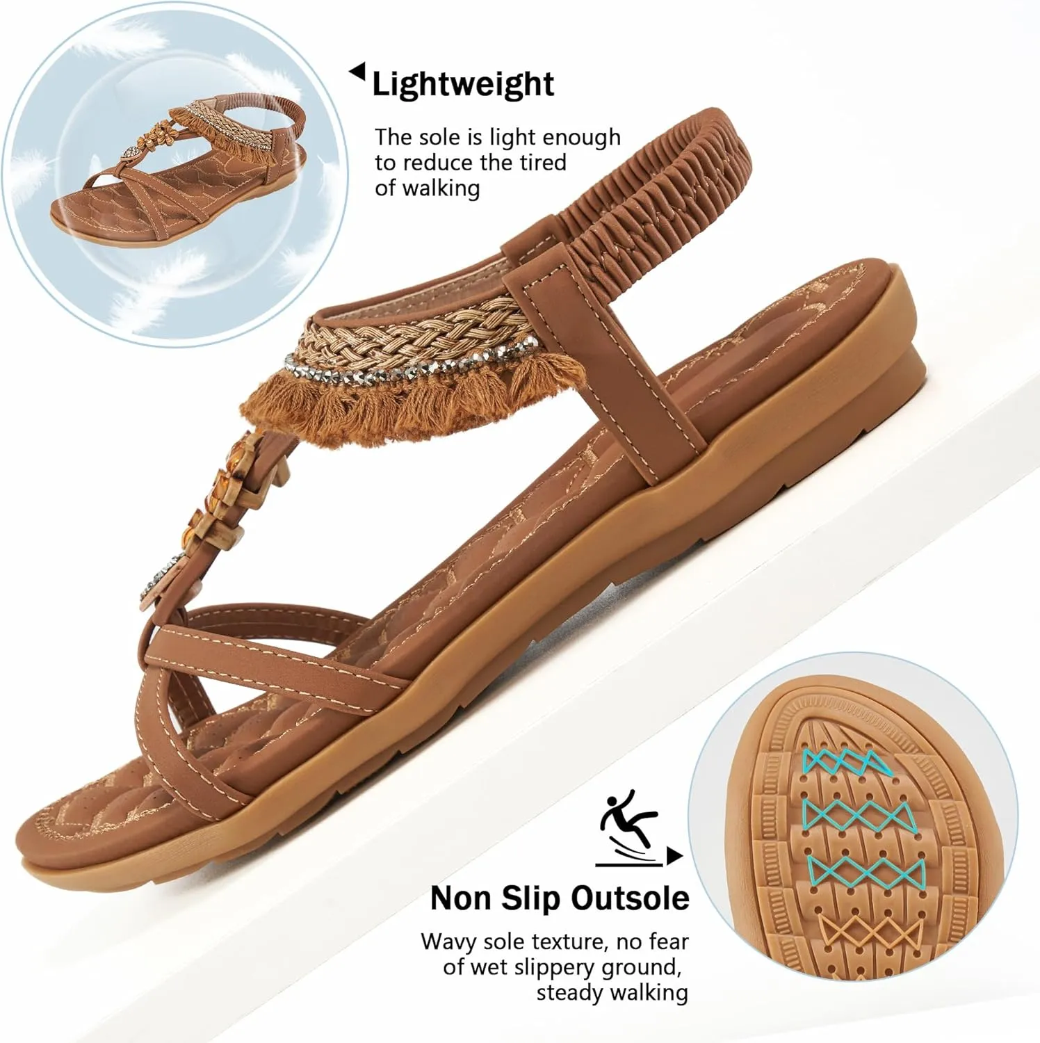Aomigoct Womens Sandals Flats Shoes: Dressy Summer Flat Sandals for Women Open Toe - Bohemian Casual Beach Shoes Elastic Ankle Strap
