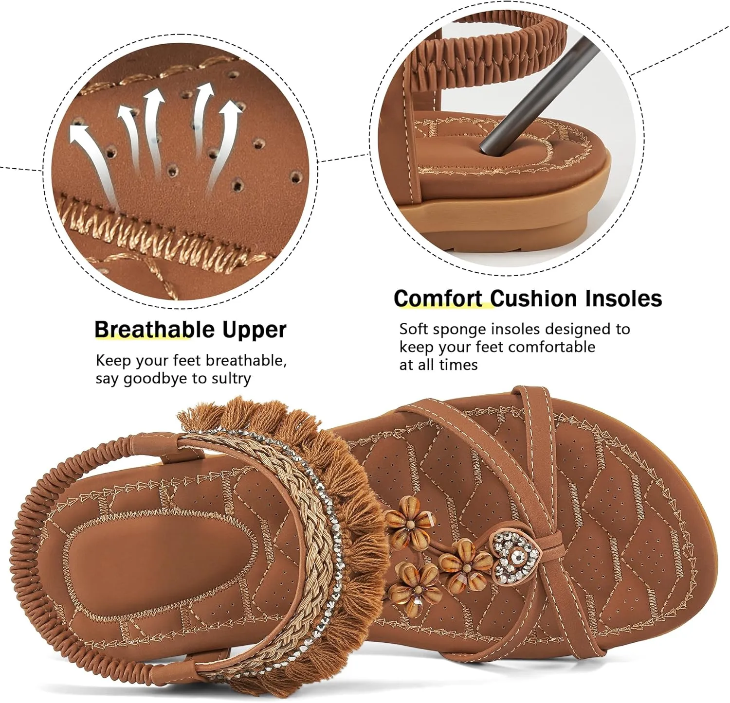 Aomigoct Womens Sandals Flats Shoes: Dressy Summer Flat Sandals for Women Open Toe - Bohemian Casual Beach Shoes Elastic Ankle Strap