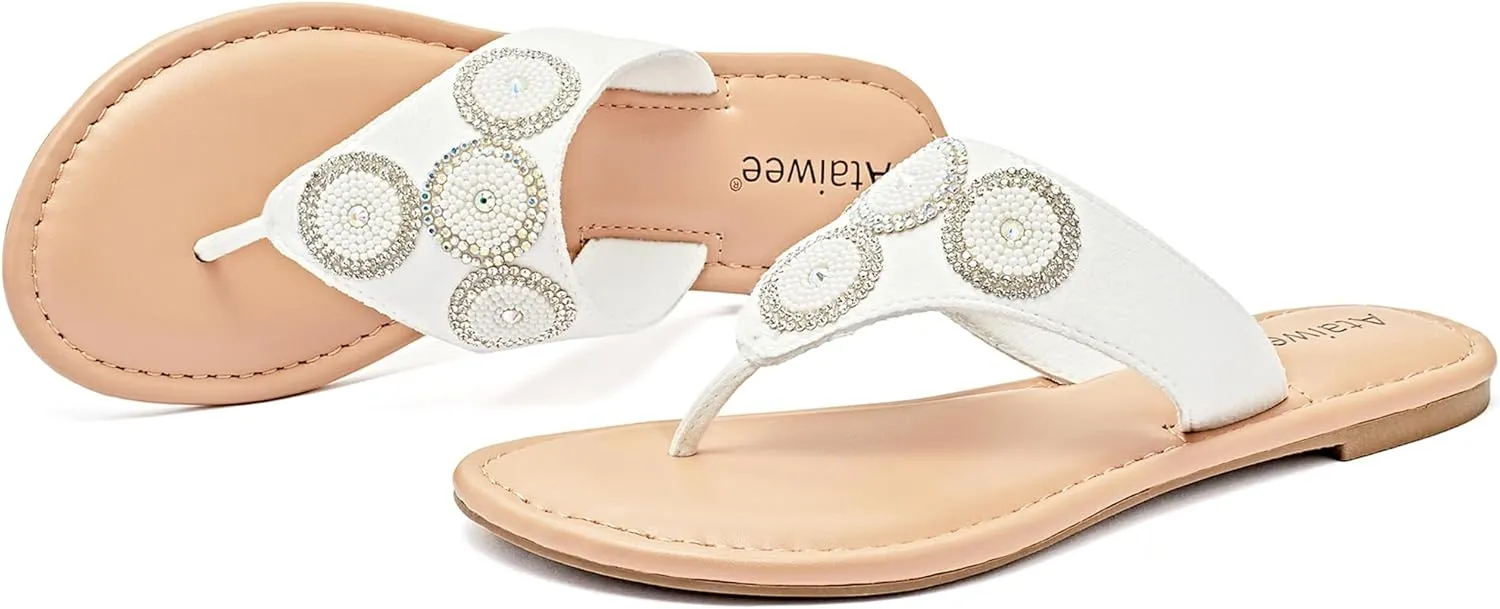 Ataiwee Women's Flat Slide Sandals - Casual Bling Bohemian Thong Slip on Summer Flat Sandals.