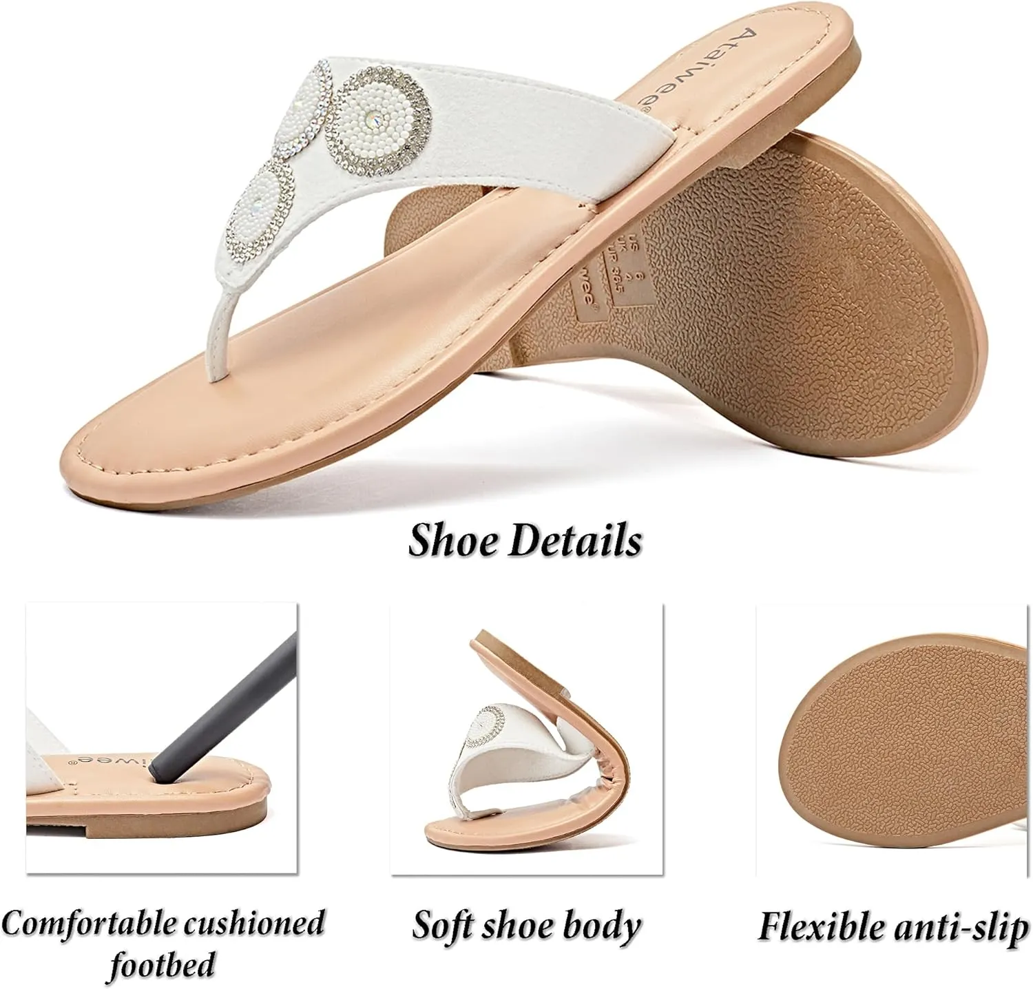 Ataiwee Women's Flat Slide Sandals - Casual Bling Bohemian Thong Slip on Summer Flat Sandals.