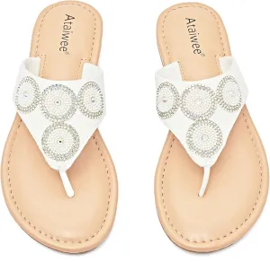 Ataiwee Women's Flat Slide Sandals - Casual Bling Bohemian Thong Slip on Summer Flat Sandals.