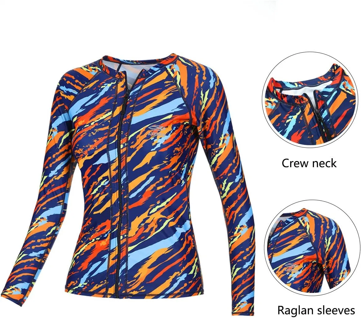 AXESEA Women Long Sleeve Rash Guard UPF 50  UV Sun Protection Zip Front Swimsuit Shirt Printed Surfing Shirt Top