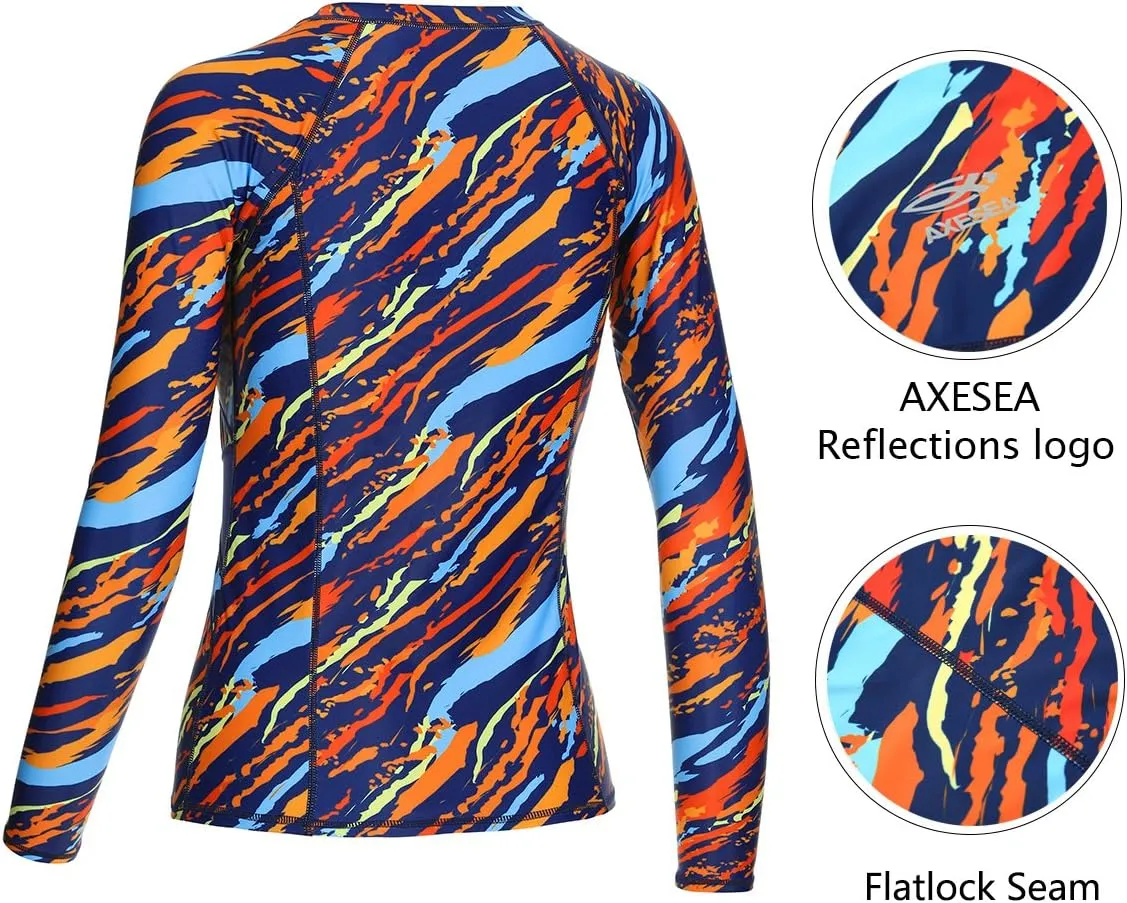 AXESEA Women Long Sleeve Rash Guard UPF 50  UV Sun Protection Zip Front Swimsuit Shirt Printed Surfing Shirt Top