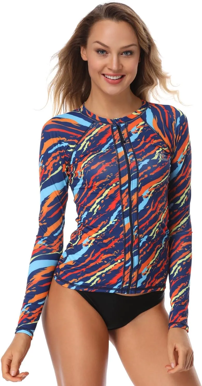 AXESEA Women Long Sleeve Rash Guard UPF 50  UV Sun Protection Zip Front Swimsuit Shirt Printed Surfing Shirt Top