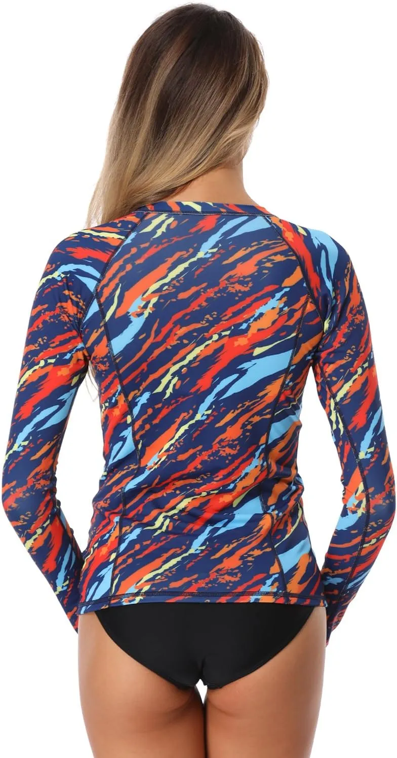 AXESEA Women Long Sleeve Rash Guard UPF 50  UV Sun Protection Zip Front Swimsuit Shirt Printed Surfing Shirt Top
