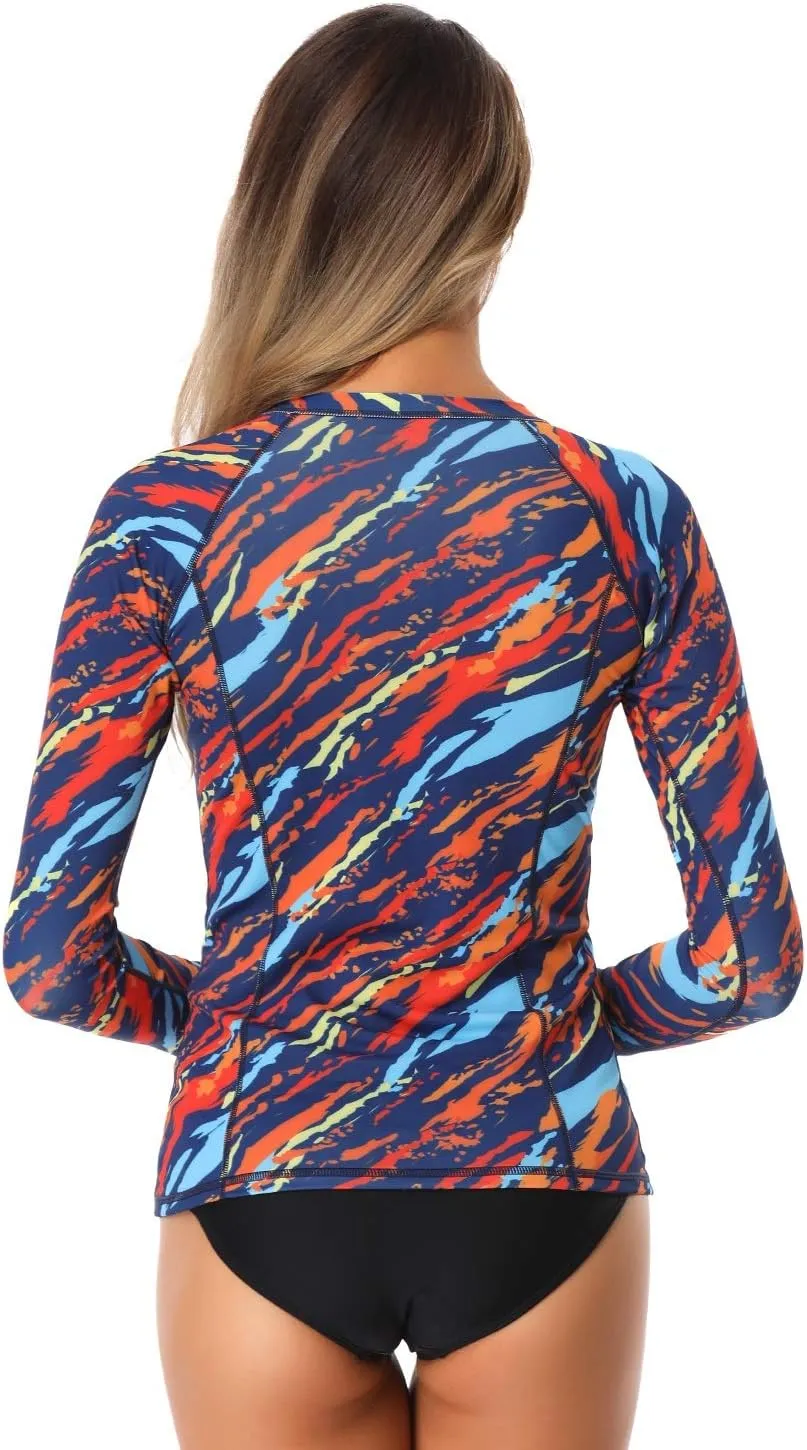 AXESEA Women Long Sleeve Rash Guard UPF 50  UV Sun Protection Zip Front Swimsuit Shirt Printed Surfing Shirt Top