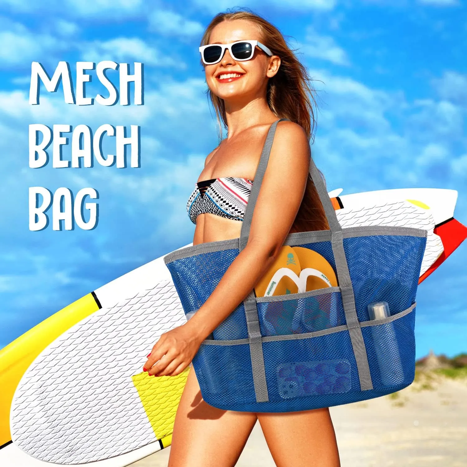 Ayieyill Mesh Beach Bag Tote Bag for Women, Foldable Swim Large Beach Tote Bag with Zipper Pockets Waterproof Sandproof