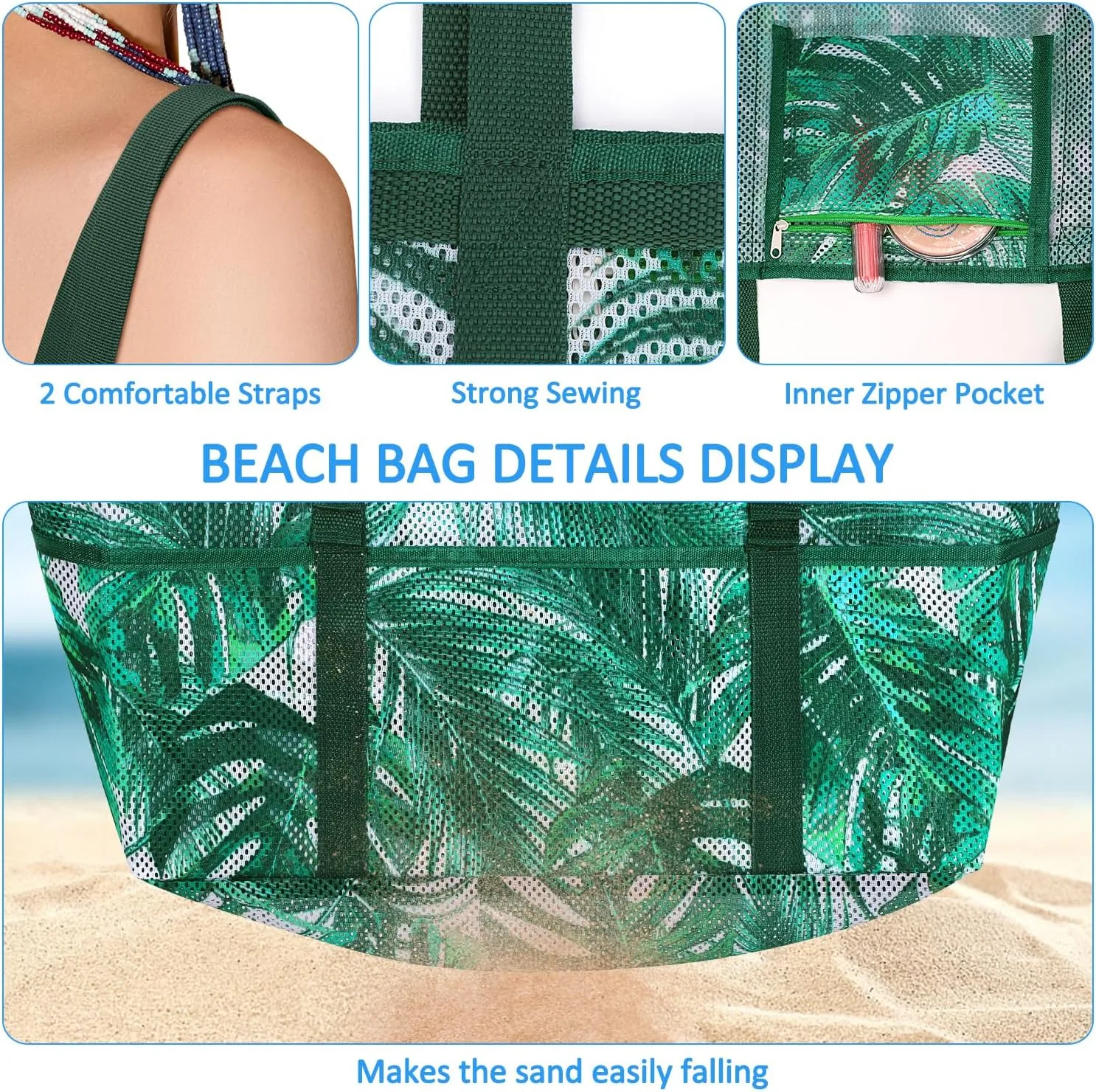 Ayieyill Mesh Beach Bag Tote Bag for Women, Foldable Swim Large Beach Tote Bag with Zipper Pockets Waterproof Sandproof