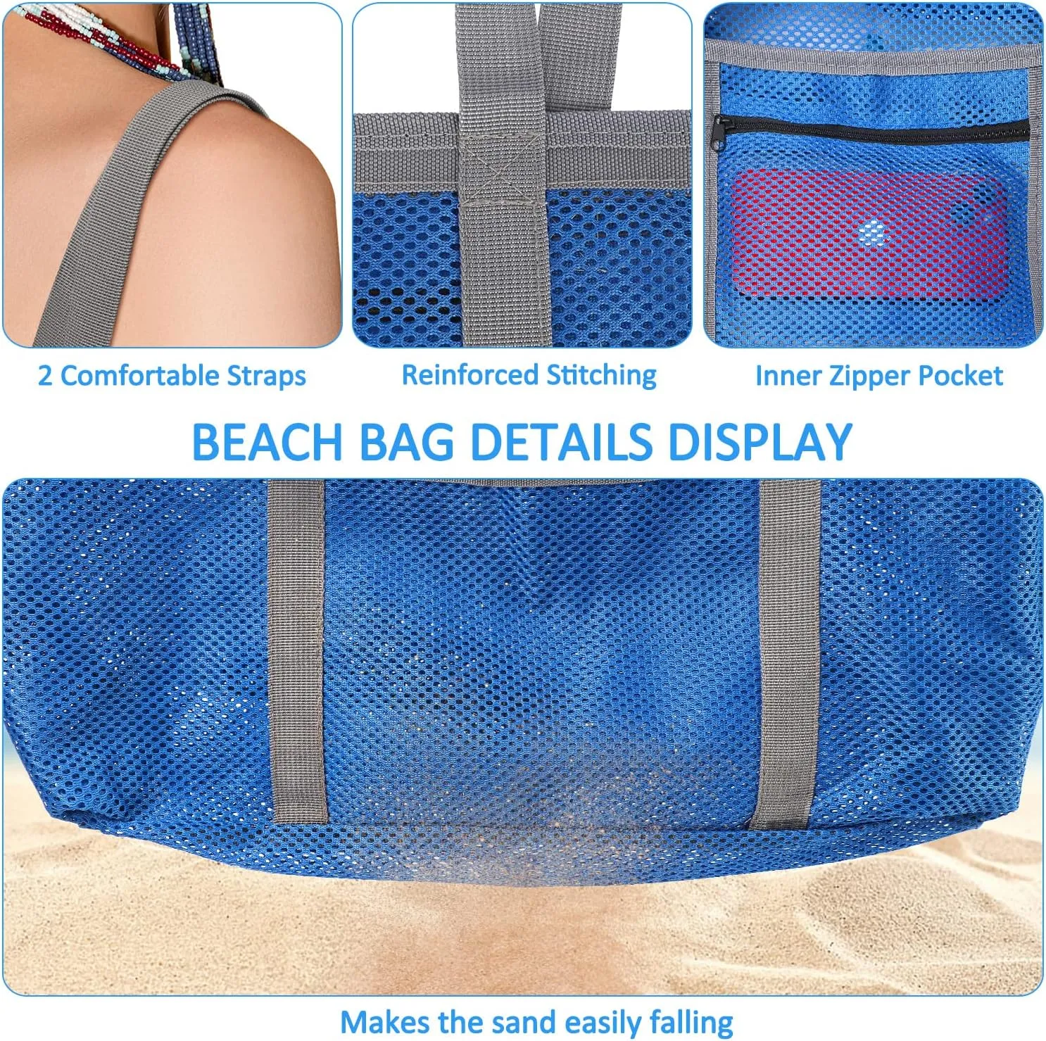 Ayieyill Mesh Beach Bag Tote Bag for Women, Foldable Swim Large Beach Tote Bag with Zipper Pockets Waterproof Sandproof