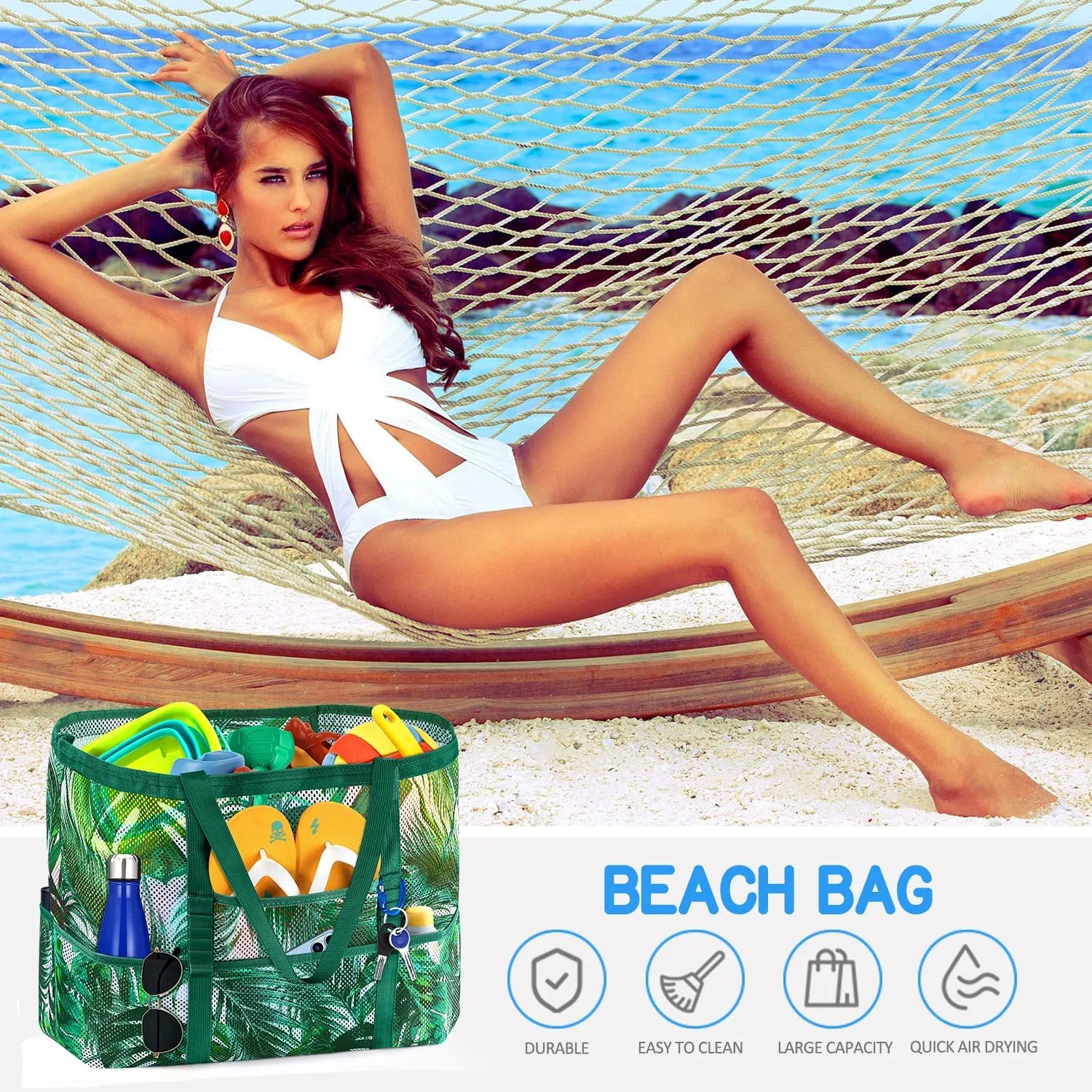 Ayieyill Mesh Beach Bag Tote Bag for Women, Foldable Swim Large Beach Tote Bag with Zipper Pockets Waterproof Sandproof