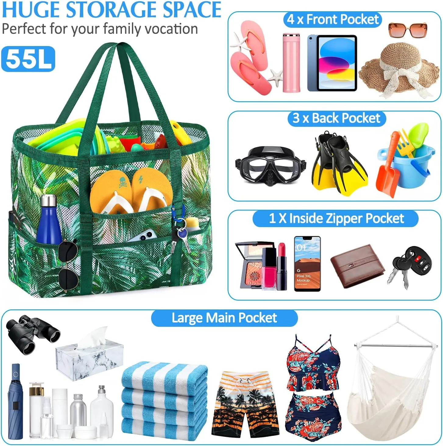 Ayieyill Mesh Beach Bag Tote Bag for Women, Foldable Swim Large Beach Tote Bag with Zipper Pockets Waterproof Sandproof