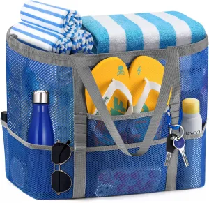 Ayieyill Mesh Beach Bag Tote Bag for Women, Foldable Swim Large Beach Tote Bag with Zipper Pockets Waterproof Sandproof