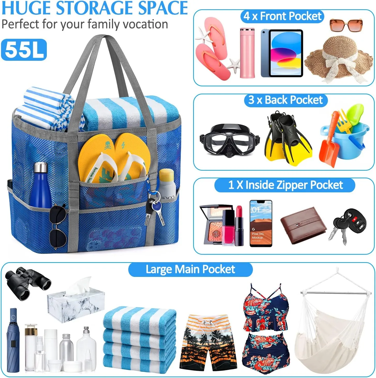 Ayieyill Mesh Beach Bag Tote Bag for Women, Foldable Swim Large Beach Tote Bag with Zipper Pockets Waterproof Sandproof