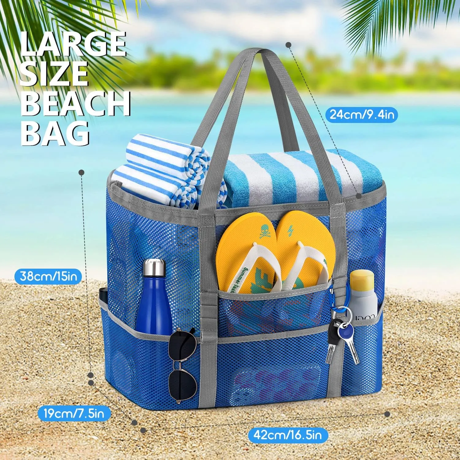 Ayieyill Mesh Beach Bag Tote Bag for Women, Foldable Swim Large Beach Tote Bag with Zipper Pockets Waterproof Sandproof