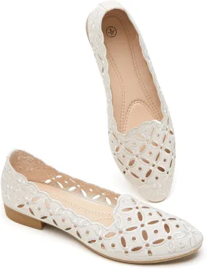 BABUDOG Womens Flats,Black and White Dress Flats with Flower Eyelets,Breathable Ballet Flats
