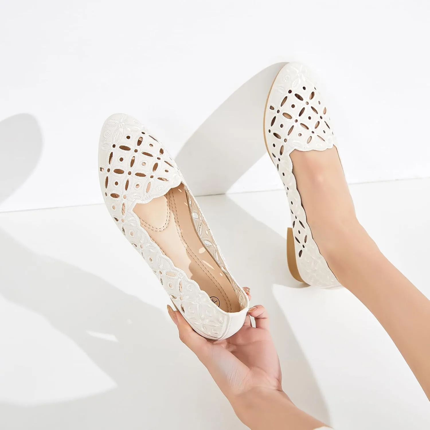 BABUDOG Womens Flats,Black and White Dress Flats with Flower Eyelets,Breathable Ballet Flats
