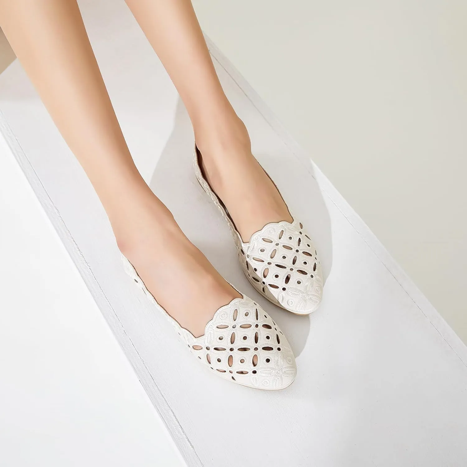 BABUDOG Womens Flats,Black and White Dress Flats with Flower Eyelets,Breathable Ballet Flats