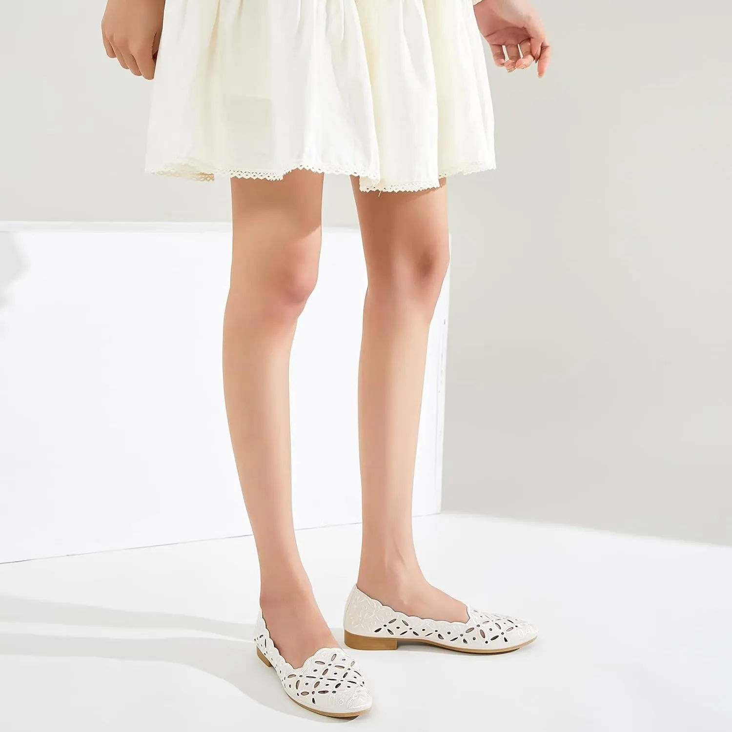 BABUDOG Womens Flats,Black and White Dress Flats with Flower Eyelets,Breathable Ballet Flats