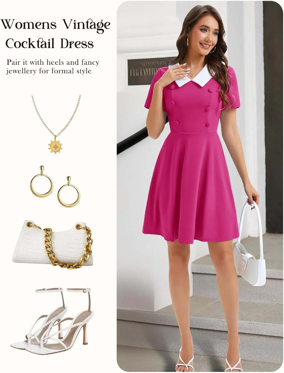 Bbonlinedress 1950s Vintage Dress for Women Retro Rockabilly Peter Pan Collar Short Sleeve Cocktail Party A Line Dresses