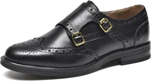 BEAU TODAY Women's Leather Loafers, Monk Strap Womens Oxfords, Comfort Office Business Ladies Casual Shoes, Double Buckles Deign, Brogue Wingtip Slip-on