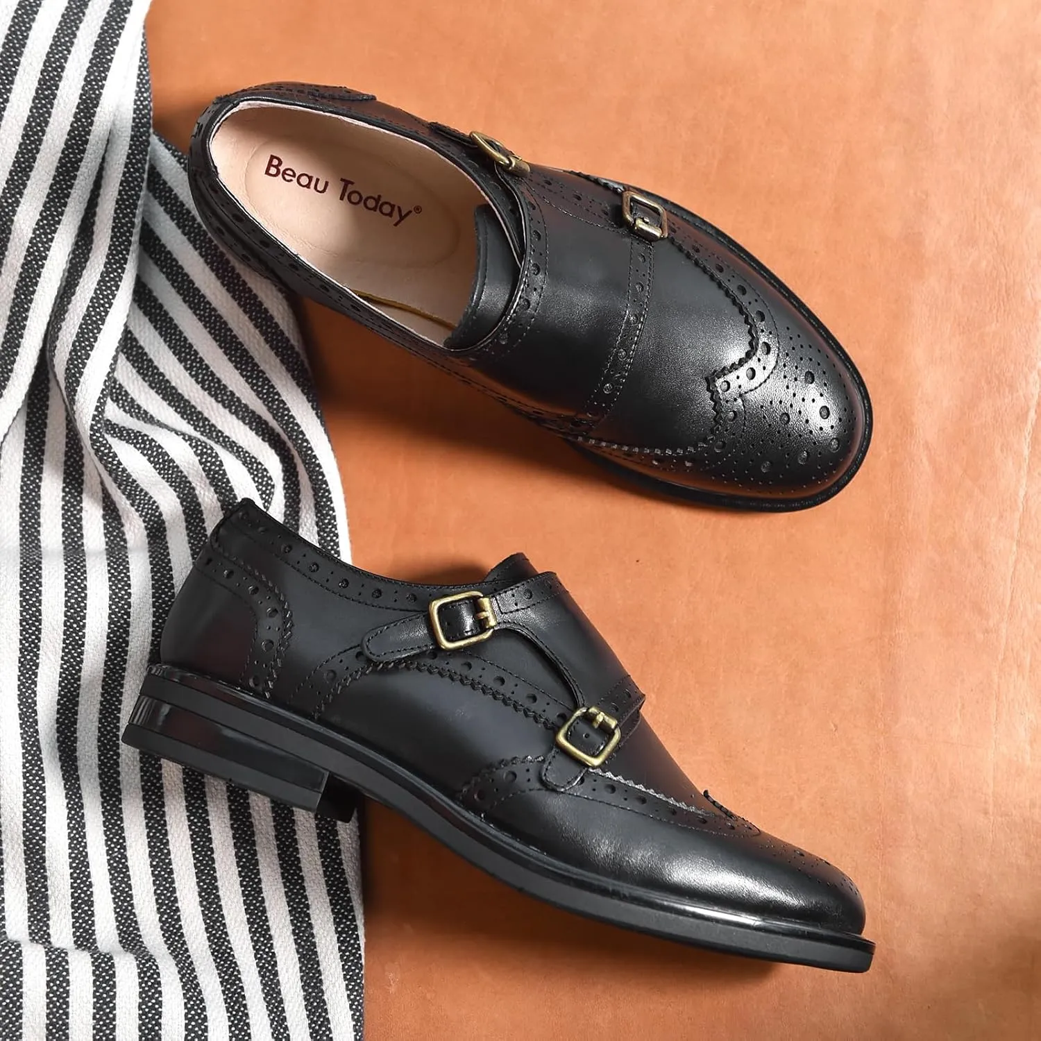 BEAU TODAY Women's Leather Loafers, Monk Strap Womens Oxfords, Comfort Office Business Ladies Casual Shoes, Double Buckles Deign, Brogue Wingtip Slip-on