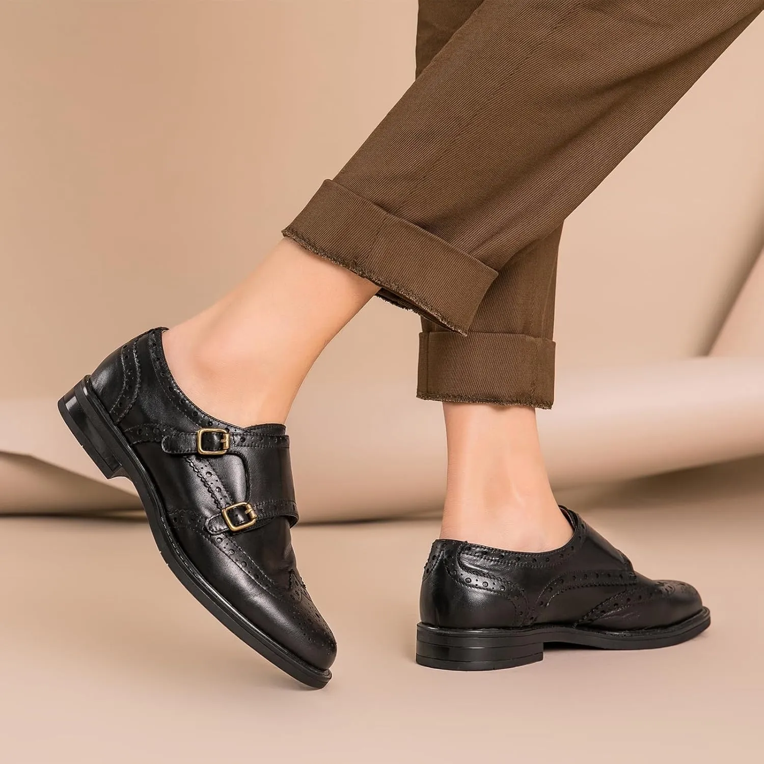 BEAU TODAY Women's Leather Loafers, Monk Strap Womens Oxfords, Comfort Office Business Ladies Casual Shoes, Double Buckles Deign, Brogue Wingtip Slip-on