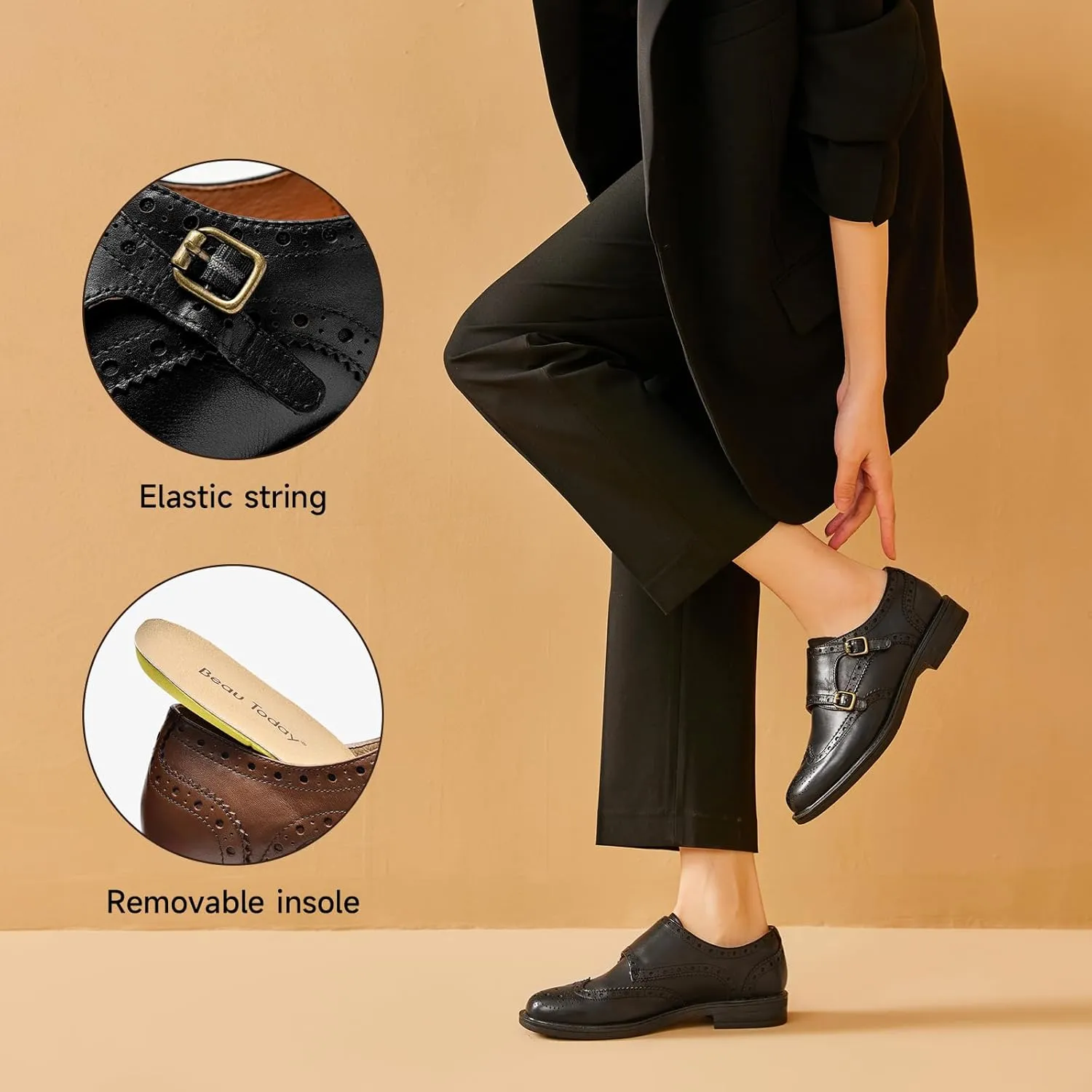 BEAU TODAY Women's Leather Loafers, Monk Strap Womens Oxfords, Comfort Office Business Ladies Casual Shoes, Double Buckles Deign, Brogue Wingtip Slip-on