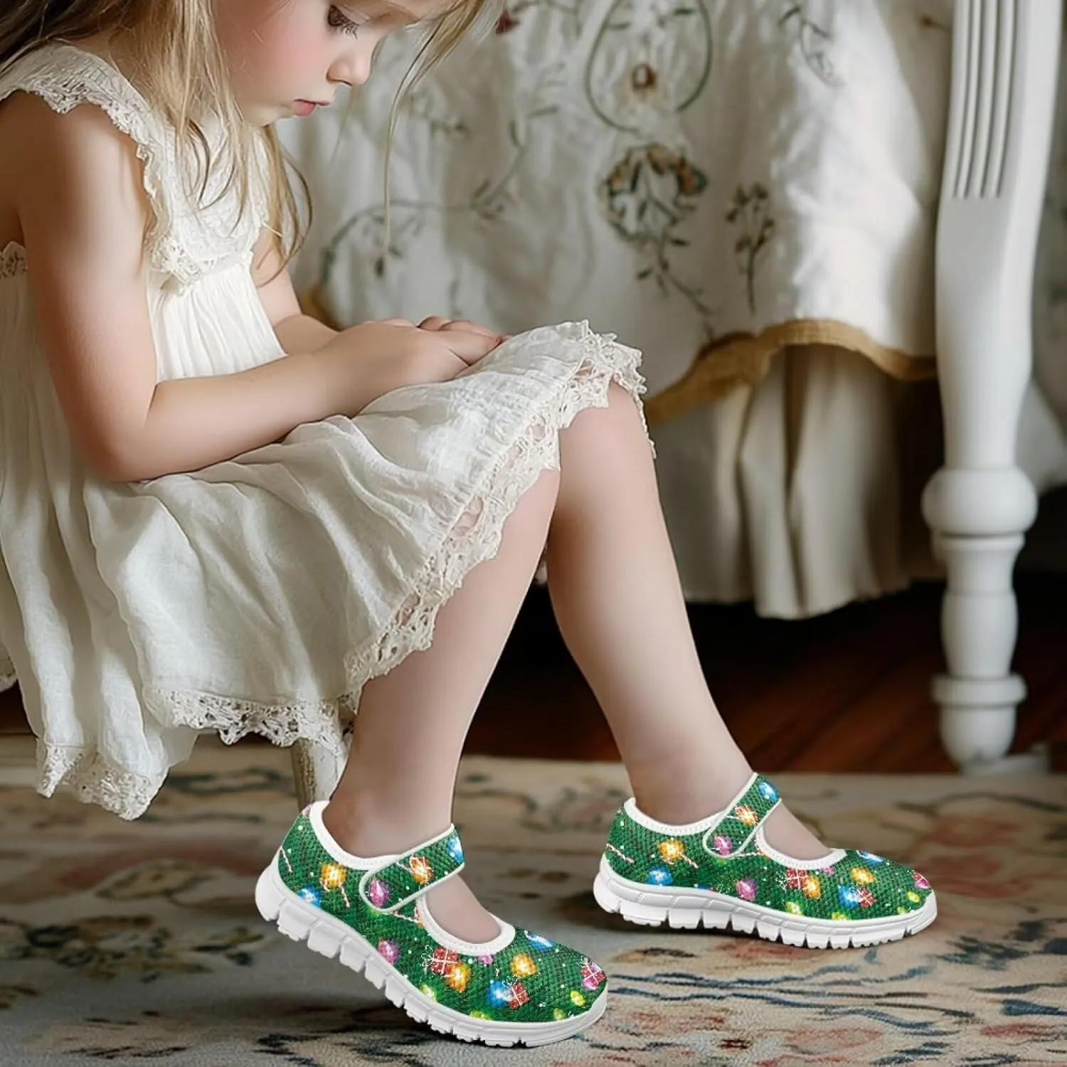 Binienty Fashion Mary Jane Sneakers for Girls Anti-Slip Holiday Christmas Easter Mesh Flat Sneaker School Shoes