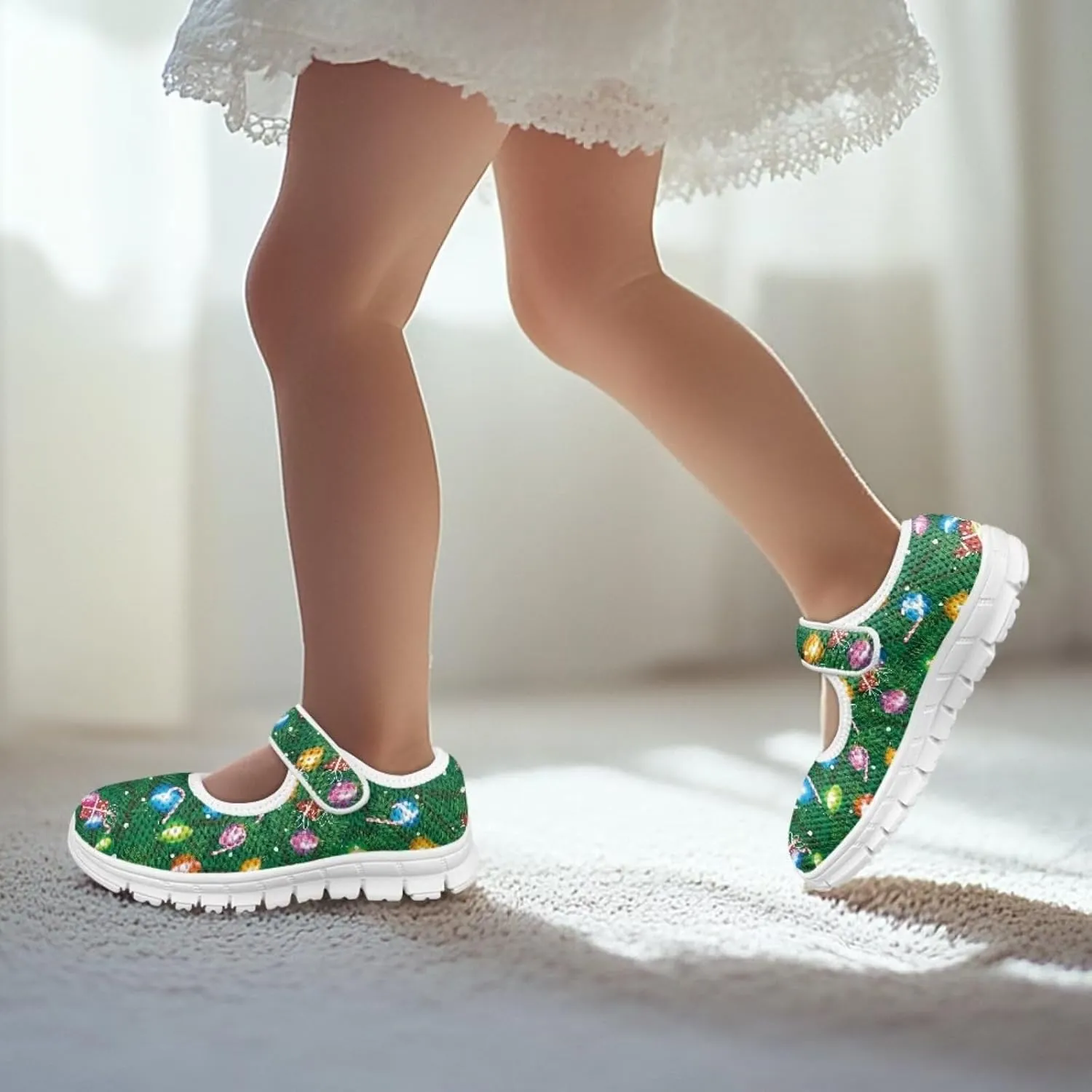Binienty Fashion Mary Jane Sneakers for Girls Anti-Slip Holiday Christmas Easter Mesh Flat Sneaker School Shoes