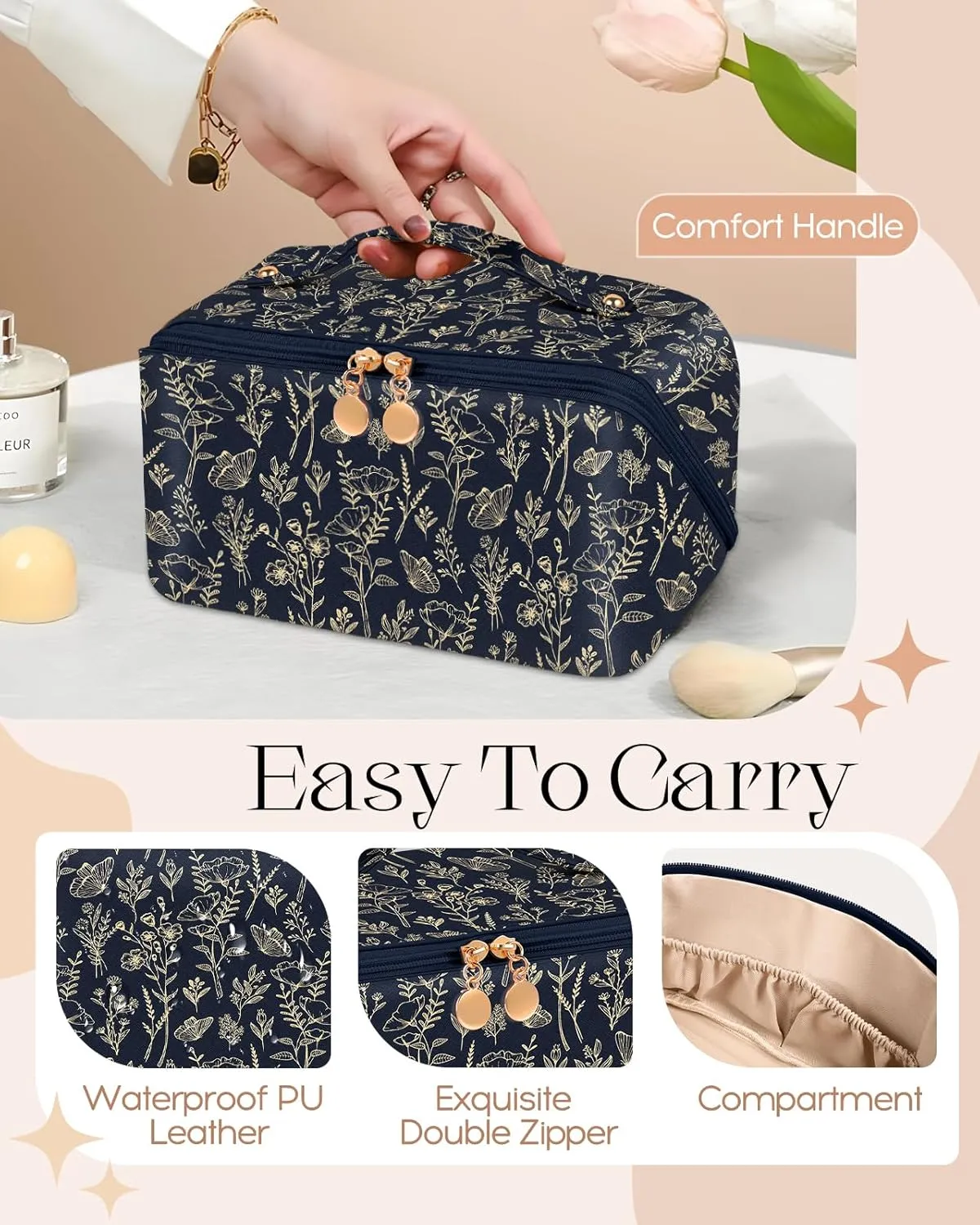 Bistup Makeup Bag Travel Cosmetic Bag Toiletry Make Up Bags Cute Women Large Capacity Big Medium Leather Black and Gold Floral Aesthetic Girl Teen Teenage Foldable Expandable Open Flat Zip