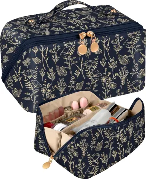 Bistup Makeup Bag Travel Cosmetic Bag Toiletry Make Up Bags Cute Women Large Capacity Big Medium Leather Black and Gold Floral Aesthetic Girl Teen Teenage Foldable Expandable Open Flat Zip